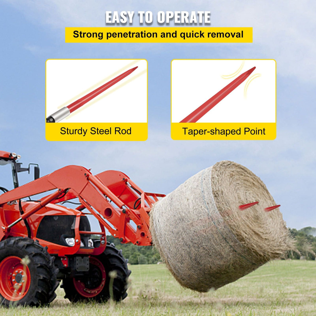 Pair Hay Spear 39" Bale Spear 3000 lbs Capacity, Bale Spike Quick Attach Square Hay Bale Spears 1 3/4", Red Coated Bale Forks, Bale Hay Spike with Hex Nut & Sleeve for Buckets Tractors Loaders