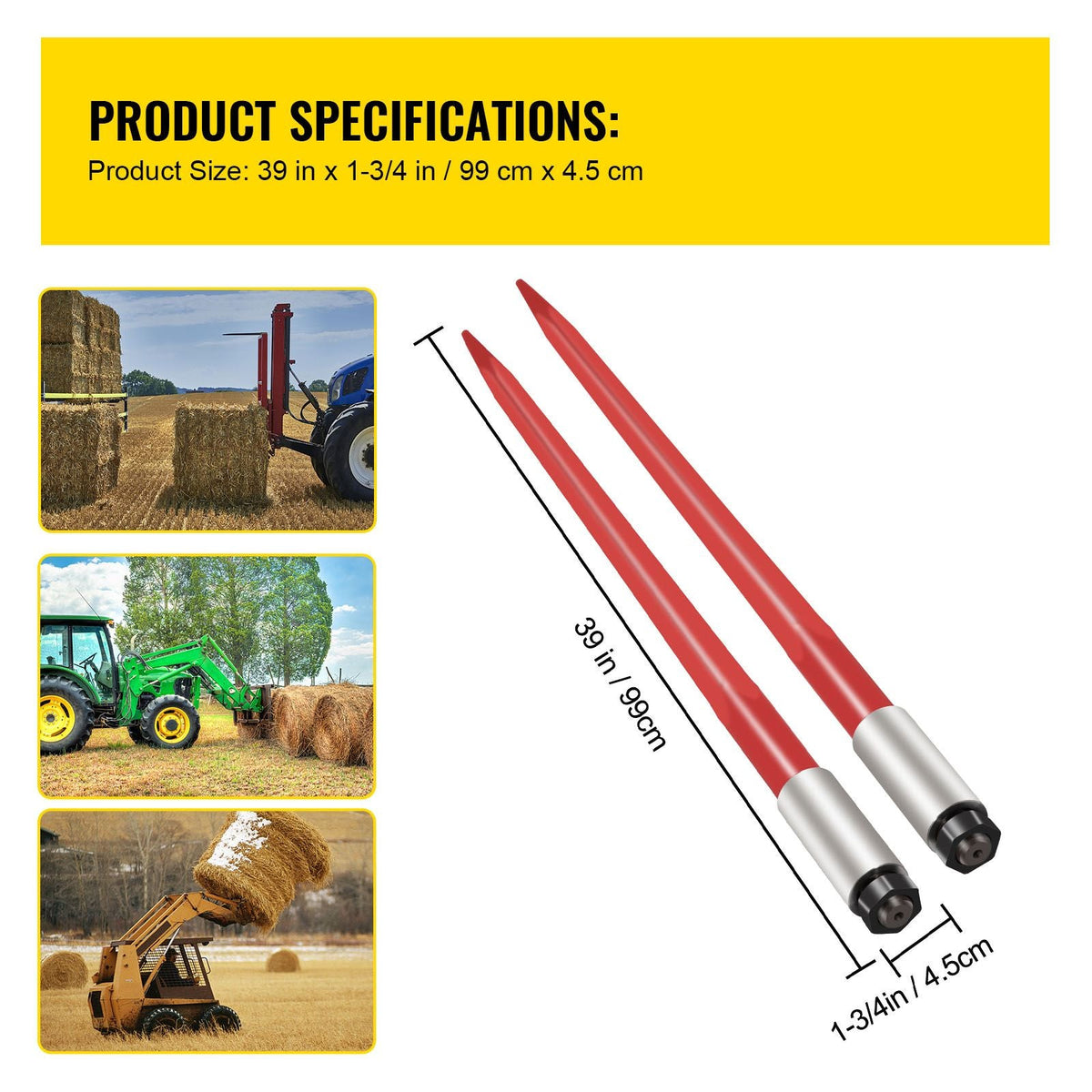 Pair Hay Spear 39" Bale Spear 3000 lbs Capacity, Bale Spike Quick Attach Square Hay Bale Spears 1 3/4", Red Coated Bale Forks, Bale Hay Spike with Hex Nut & Sleeve for Buckets Tractors Loaders