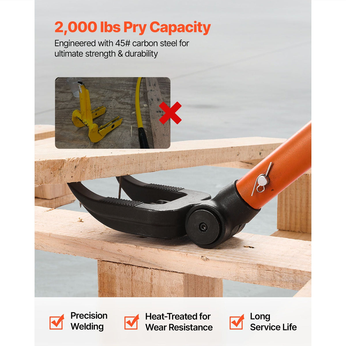 Pallet Buster Tool, 44 Inch Carbon Steel Handle Wrecking Pry Bar, 2000 lbs Weight Capacity, Heavy Duty Deck Board Removal Tool, Breaker Bar for Flooring, Framing, Roofing, Trim, Drywall