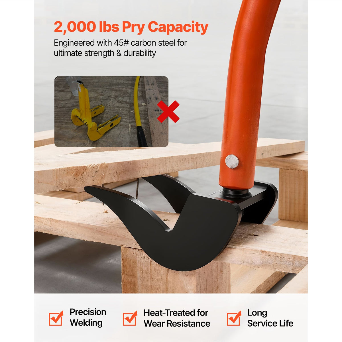Pallet Buster Tool, 50 Inch Carbon Steel Handle Wrecking Pry Bar, 2000 lbs Weight Capacity, Heavy Duty Deck Board Removal Tool, Breaker Bar for Flooring, Framing, Roofing, Trim, Drywall