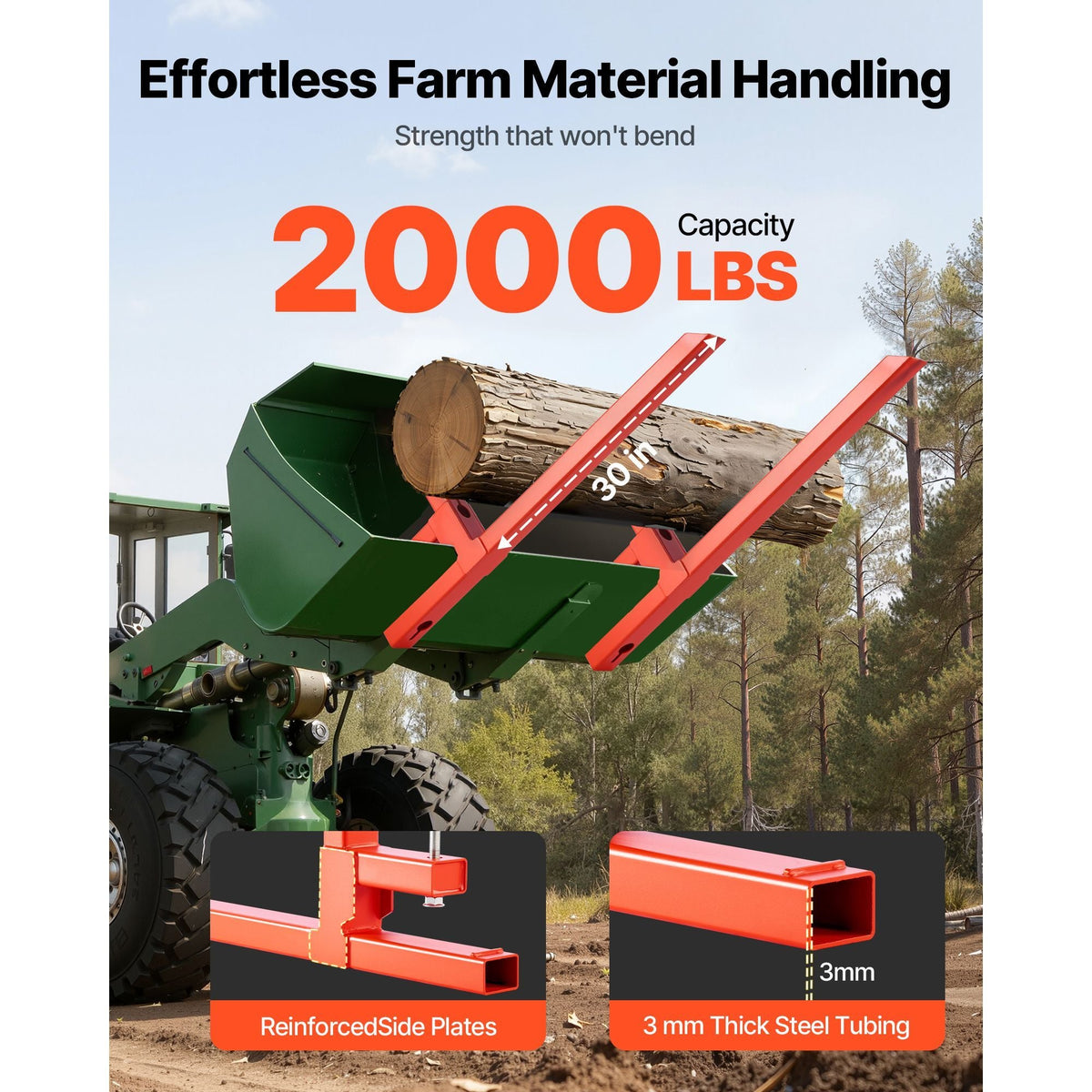 Pallet Forks, 2000 lbs Clamp on Pallet Forks, 43-Inch Total Length Heavy-Duty Quick Attach Tractor Fork Compatible with Tractor Attachments, Loader Bucket, and Skid Steer, Orange