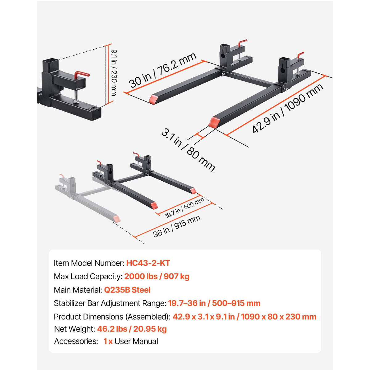 Pallet Forks, 2000 lbs Clamp on Pallet Forks, 43-Inch Total Length Heavy-Duty Tractor Fork with Adjustable Stabilizer Bar for Tractor Attachments, Loader Bucket, and Skid Steer, Black
