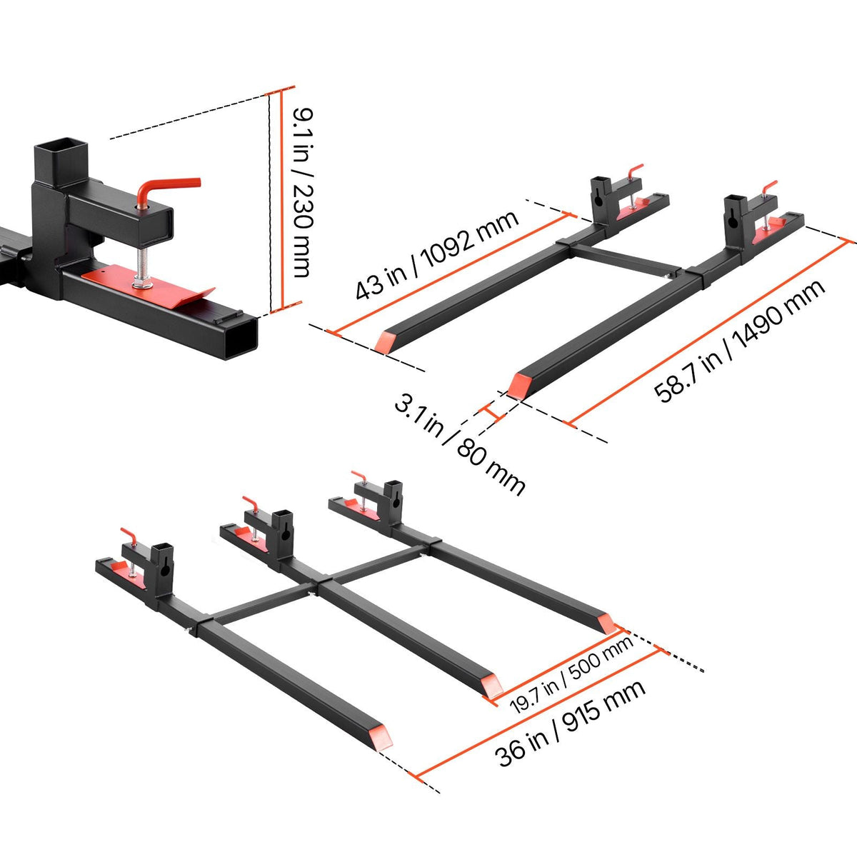 Pallet Forks, 2000 lbs Clamp on Pallet Forks, 60-Inch Total Length Heavy-Duty Tractor Fork with Adjustable Stabilizer Bar for Tractor Attachments, Loader Bucket, and Skid Steer, Black