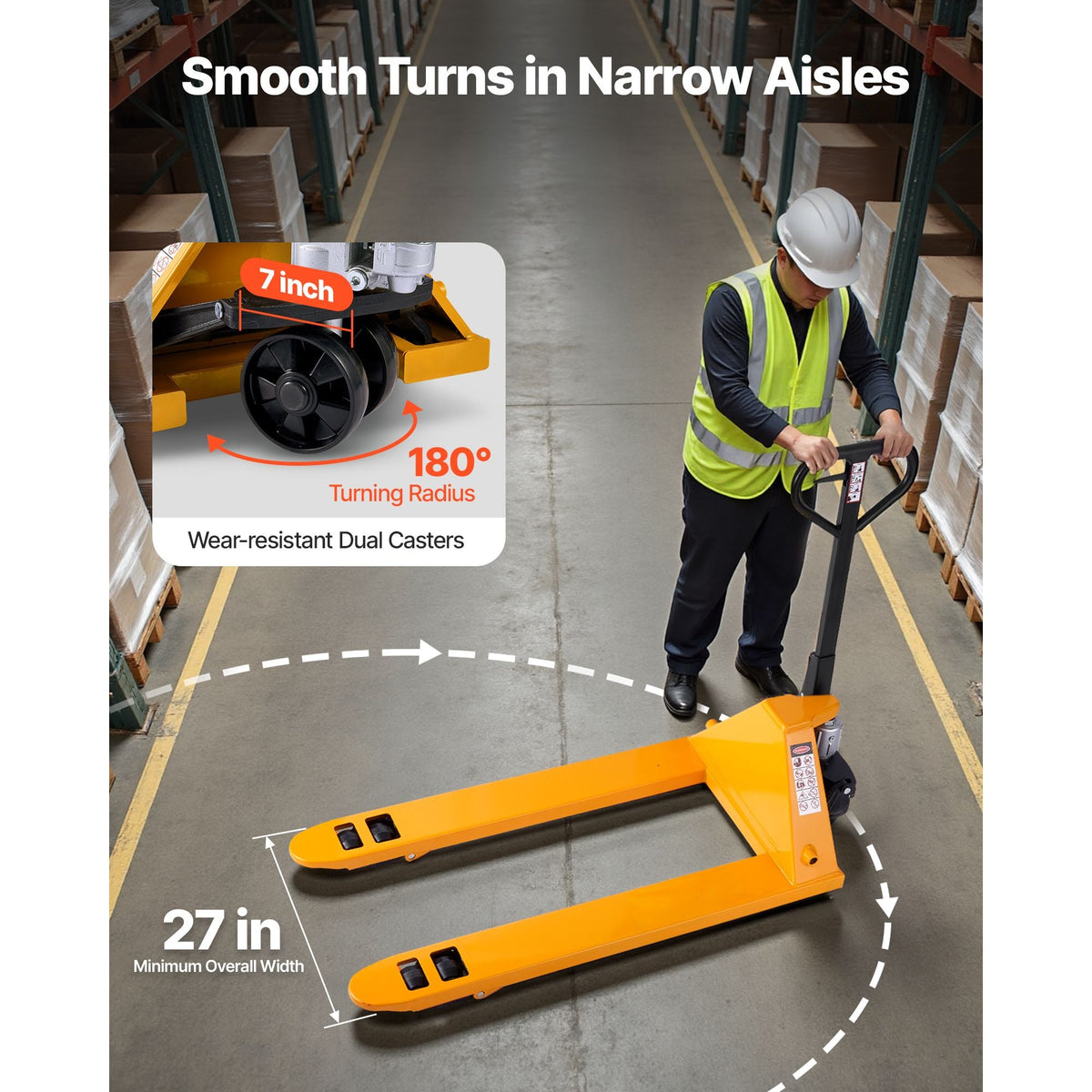 Pallet Jack, 5500 lbs Load Capacity, Manual Pallet Truck with 48L x 27W Inch Forks for Material Handling, 3.35-7.1 Inch Fork Lift Height Range, Suitable for Warehouse, Supermarket, Manufacturing
