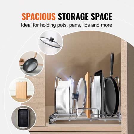 Pan and Pot Rack, Expandable Pull Out Under Cabinet Organizer, Cookie Sheet Baking Pans tray Organization, Adjustable Wire Dividers, Steel Lid Holder for Kitchen Cabinet & Pantry Storage, 12.5"W