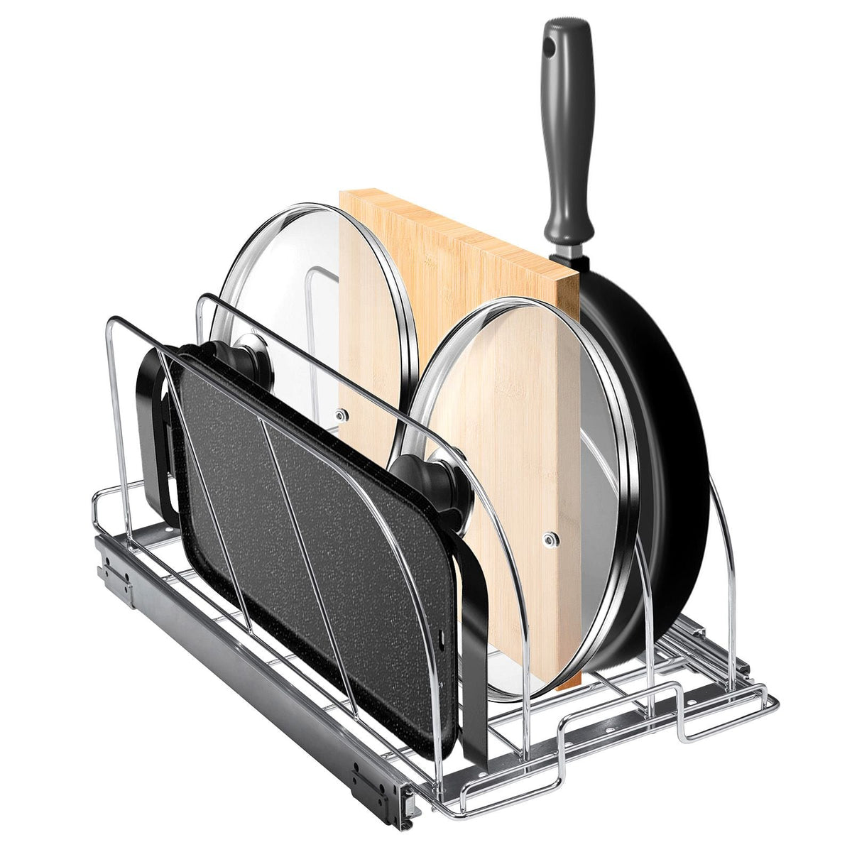 Pan and Pot Rack, Expandable Pull Out Under Cabinet Organizer, Cookie Sheet Baking Pans tray Organization, Adjustable Wire Dividers, Steel Lid Holder for Kitchen Cabinet & Pantry Storage, 12.5"W