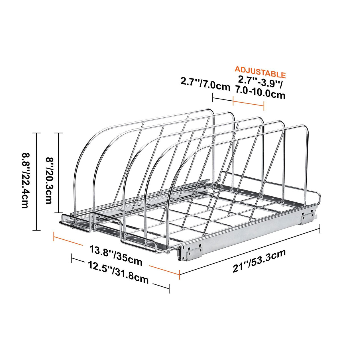 Pan and Pot Rack, Expandable Pull Out Under Cabinet Organizer, Cookie Sheet Baking Pans tray Organization, Adjustable Wire Dividers, Steel Lid Holder for Kitchen Cabinet & Pantry Storage, 12.5"W