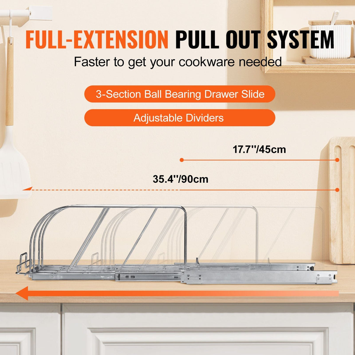 Pan and Pot Rack, Expandable Pull Out Under Cabinet Organizer, Cookie Sheet Baking Pans tray Organization, Adjustable Wire Dividers, Steel Lid Holder for Kitchen Cabinet & Pantry Storage, 8.5"W