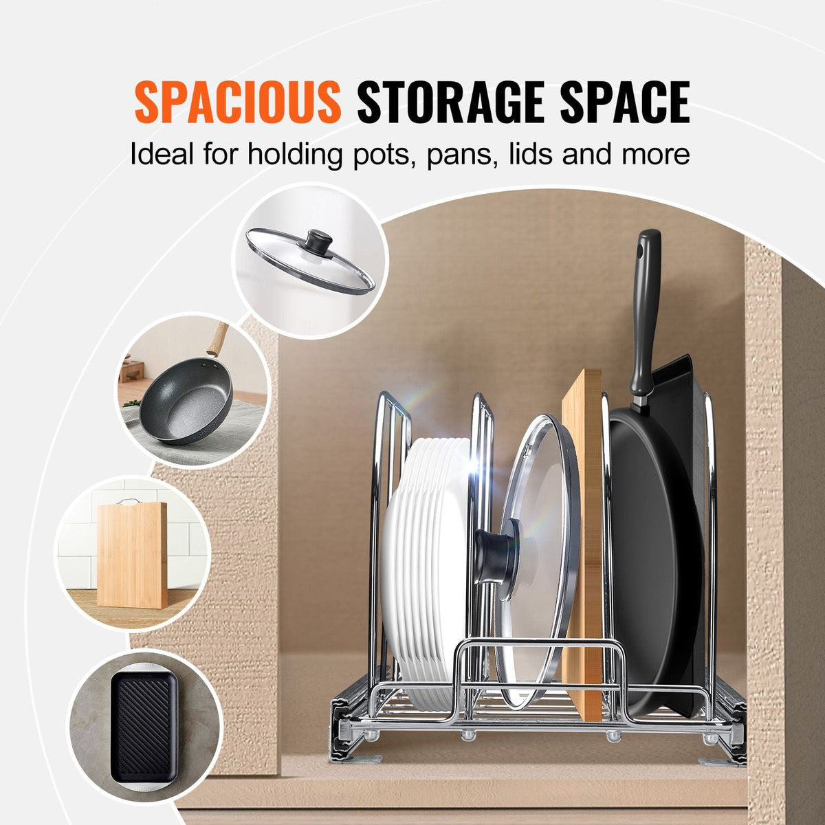 Pan and Pot Rack, Expandable Pull Out Under Cabinet Organizer, Cookie Sheet Baking Pans tray Organization, Adjustable Wire Dividers, Steel Lid Holder for Kitchen Cabinet & Pantry Storage, 8.5"W