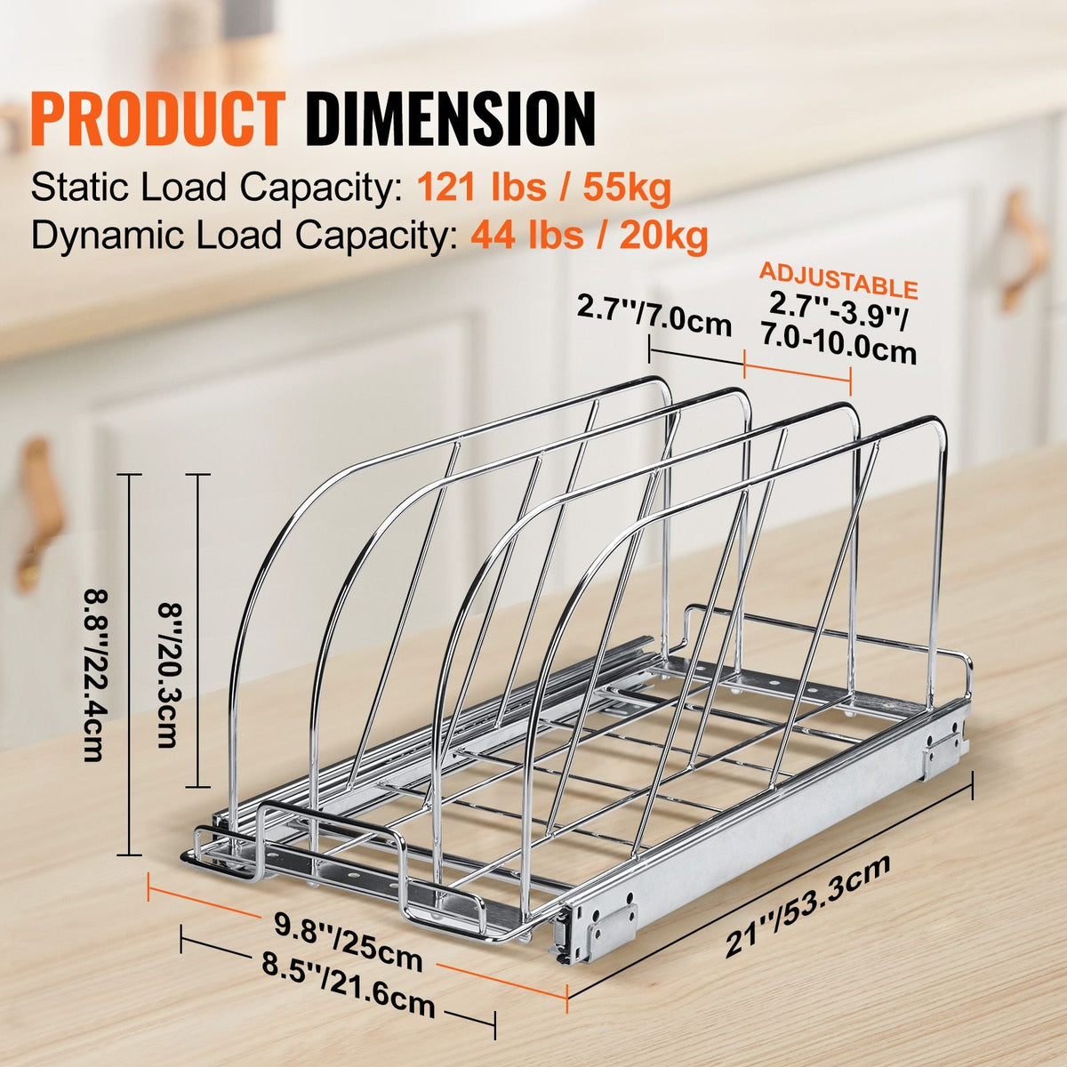 Pan and Pot Rack, Expandable Pull Out Under Cabinet Organizer, Cookie Sheet Baking Pans tray Organization, Adjustable Wire Dividers, Steel Lid Holder for Kitchen Cabinet & Pantry Storage, 8.5"W