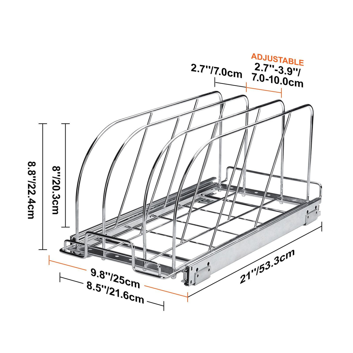 Pan and Pot Rack, Expandable Pull Out Under Cabinet Organizer, Cookie Sheet Baking Pans tray Organization, Adjustable Wire Dividers, Steel Lid Holder for Kitchen Cabinet & Pantry Storage, 8.5"W