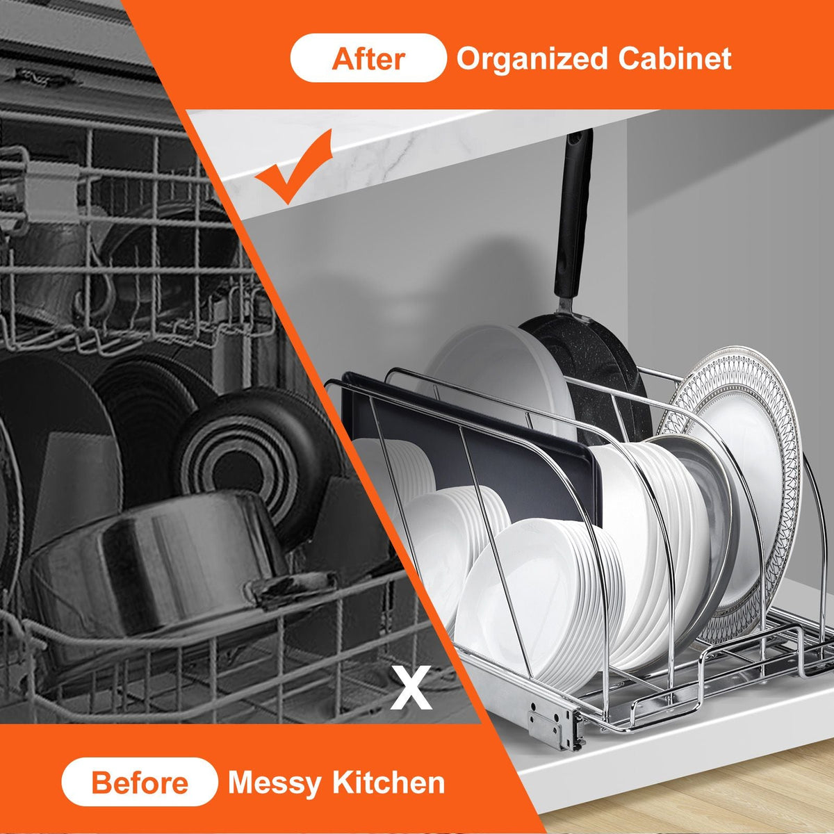 Pan and Pot Rack, Expandable Pull Out Under Cabinet Organizer, Cookie Sheet Baking Pans tray Organization, Adjustable Wire Dividers, Steel Lid Holder for Kitchen Cabinet & Pantry Storage, 8.5"W