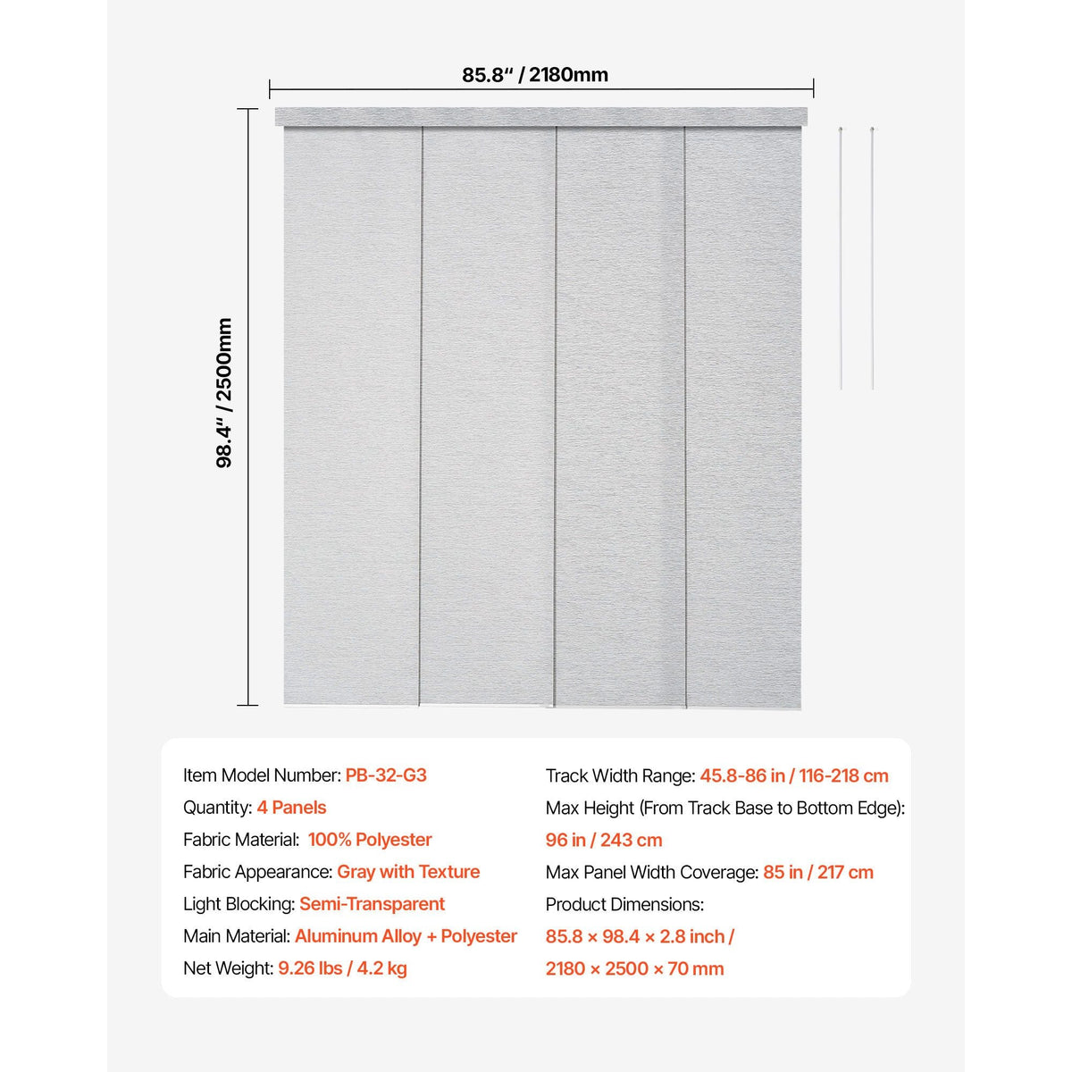 Panel Track Blinds, Extendable Track from 45.8 in to 86 in W, Trimmable Panel Curtains Up to 96 in H, Adjustable Vertical Panel Blinds for Sliding Doors, Patio Doors, Room Divider, Window, Gray