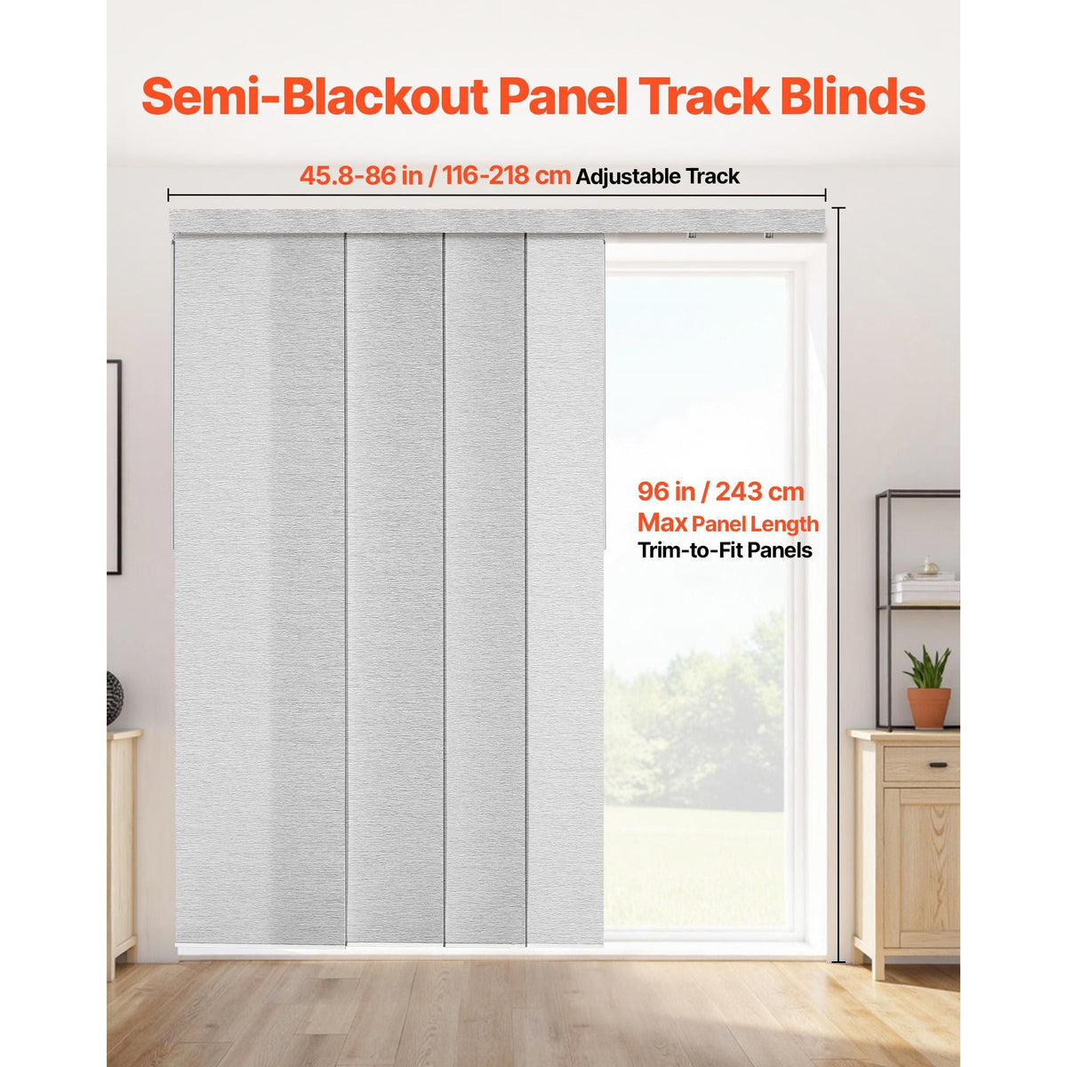 Panel Track Blinds, Extendable Track from 45.8 in to 86 in W, Trimmable Panel Curtains Up to 96 in H, Adjustable Vertical Panel Blinds for Sliding Doors, Patio Doors, Room Divider, Window, Gray