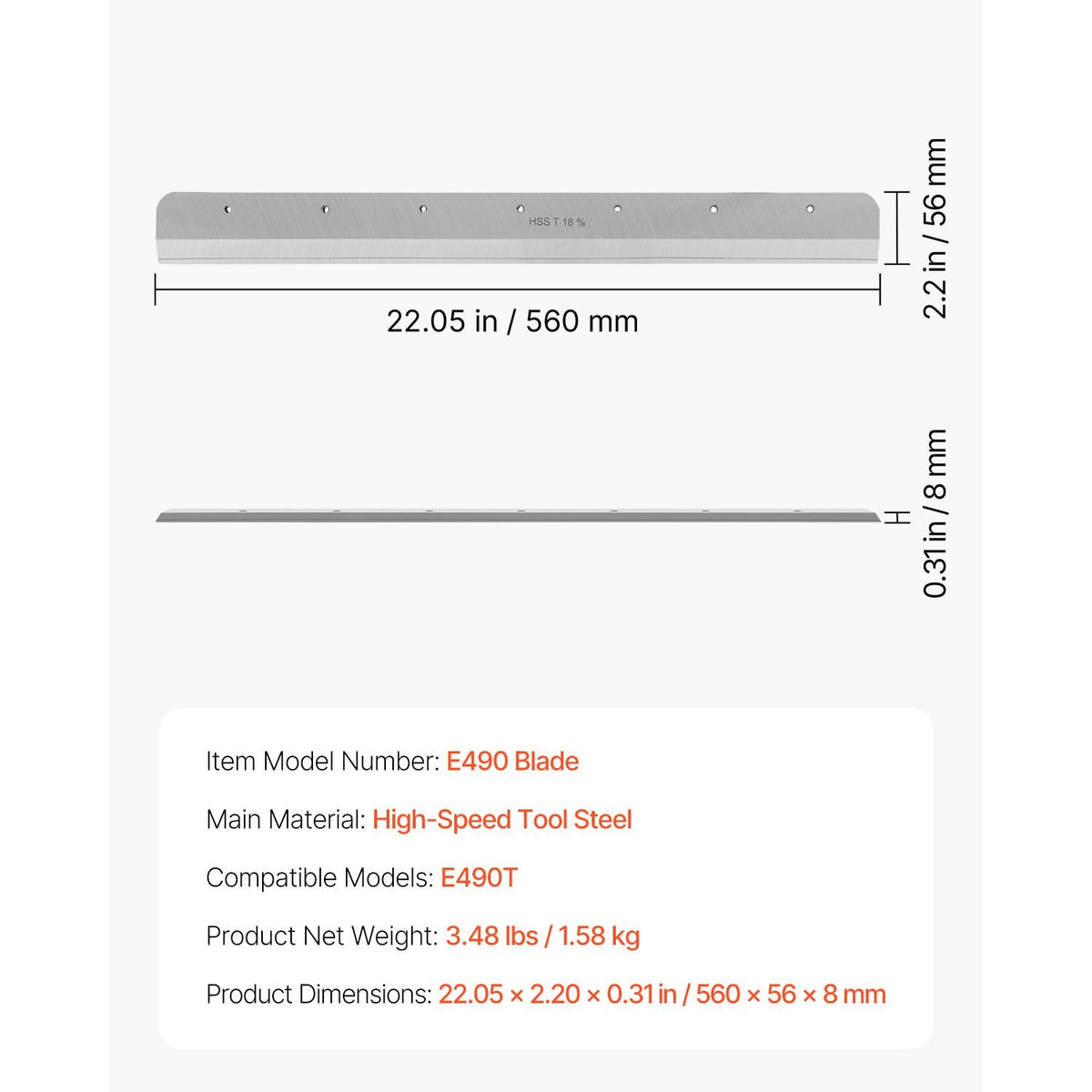 Paper Cutter Blade, Heavy Duty Steel Blade Replacement Suitable for Professional Cutter E490T, Paper Trimmer Machine Spare Blade,560 x 56 x 8 mm