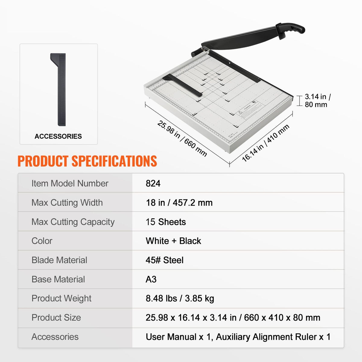 Paper Cutter, Guillotine Trimmer, 18" Cut Length, 15 Sheets Capacity, Heavy Duty Guillotine Paper Cutter with Guard Rail/Blade Lock for Cardstock/Cardboard, Paper Trimmer for Home Office School