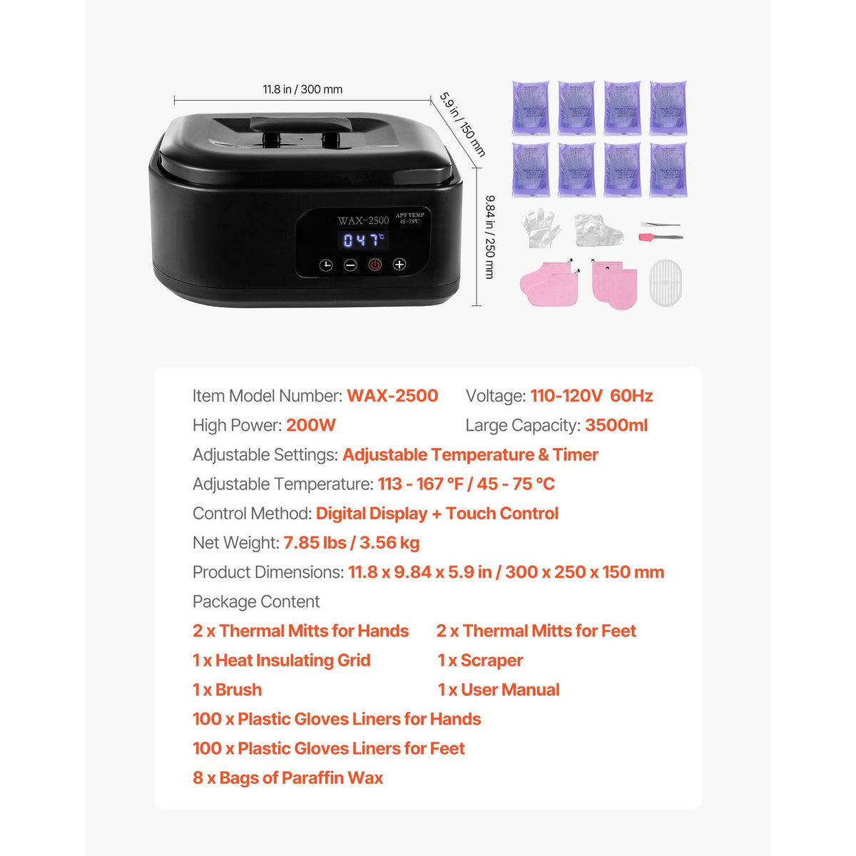 Paraffin Wax Machine for Hands and Feet, 3500ML Professional Paraffin Wax Warmer, 113 Fahrenheit-167 Fahrenheit Digital Display Paraffin Bath Moisturizing Kit with Timer