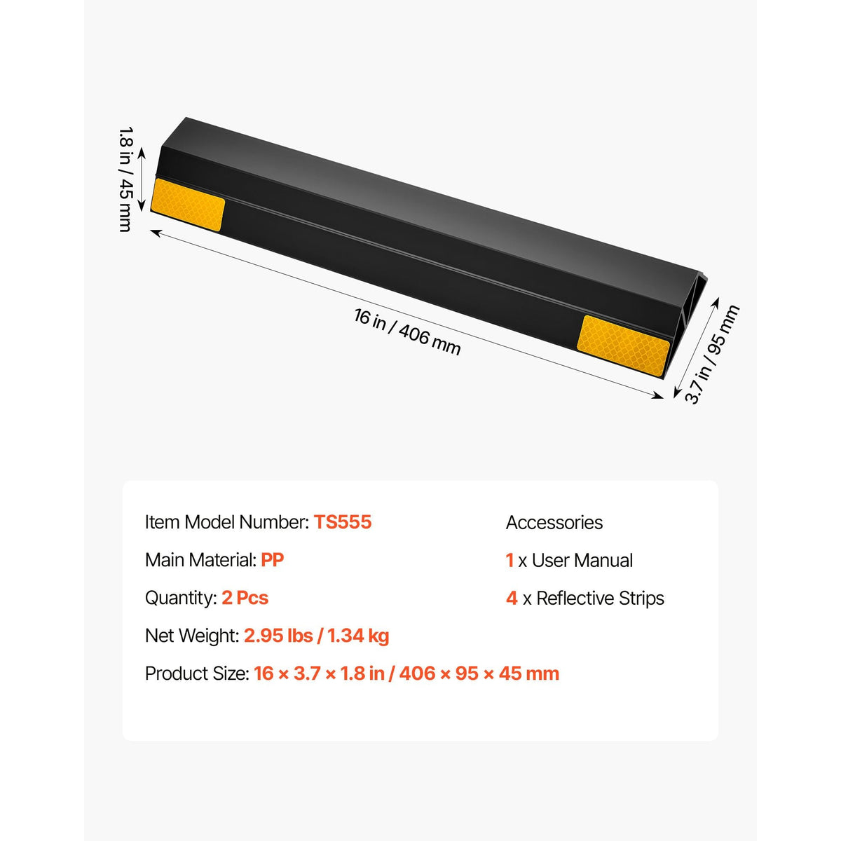 Parking Stopper, 16 Inch 2 Pcs Heavy Duty Parking Aid for Garage, PP Curb Garage Floor Stopper with Reflective Strips, Vehicles Gadgets for Cars Vans Trucks Tire Wheel Guide Block Stops Bumpers