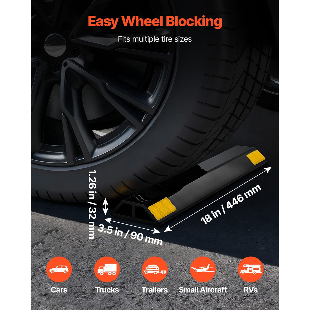 Parking Stopper, 18 Inch 2 Pcs Heavy Duty Parking Aid for Garage, PP Curb Garage Floor Stopper with Reflective Strips, Vehicles Gadgets for Cars Vans Trucks Tire Wheel Guide Block Stops Bumpers