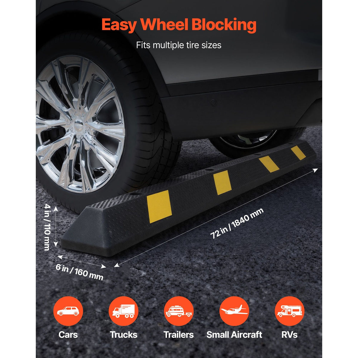 Parking Stopper, 72 Inch Heavy Duty Parking Aid for Garage, Rubber Curb Garage Floor Stopper with Reflective Strips, Vehicles Gadgets for Cars Vans Trucks Tire Wheel Guide Block Stops Bumpers