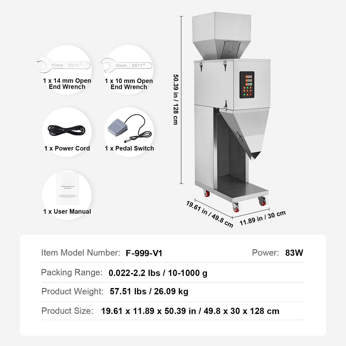 Particle Filling Machine, 0.022-2.2 lbs/10-1000g, Automatic Filler Machine with Foot Pedal, Stainless Steel Weighing Filling Machine, Weigh Filler for Beans Seeds Grains Tea Granular Packing