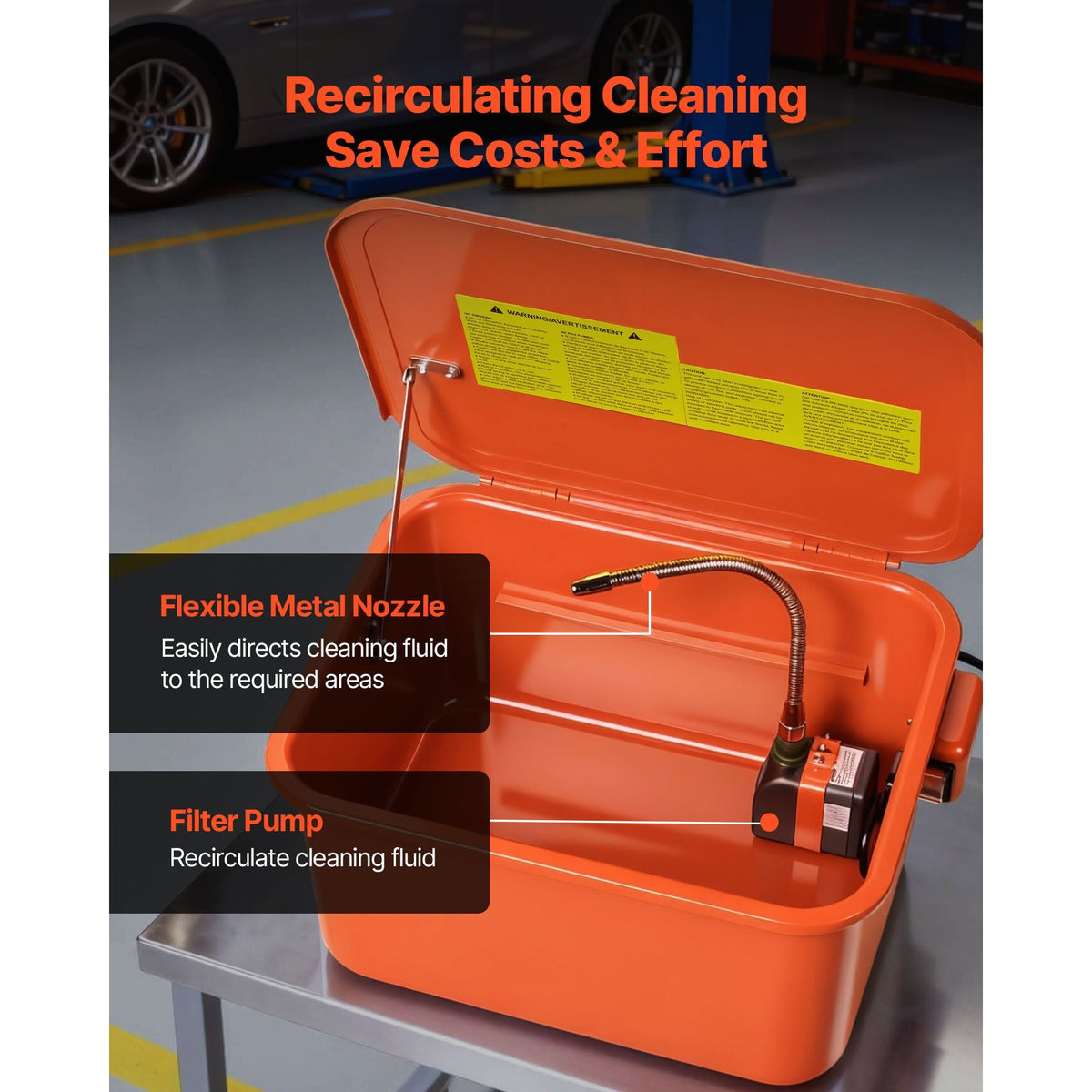 Parts Washer 5-Gallon, 3.5 Gallon Solvent Capacity, 0.4 Gallon per Minute Max Pump Output, Portable Steel Automotive Parts Cleaner with Electric Pump for Wheel Bearings, Gears, and Carburetors
