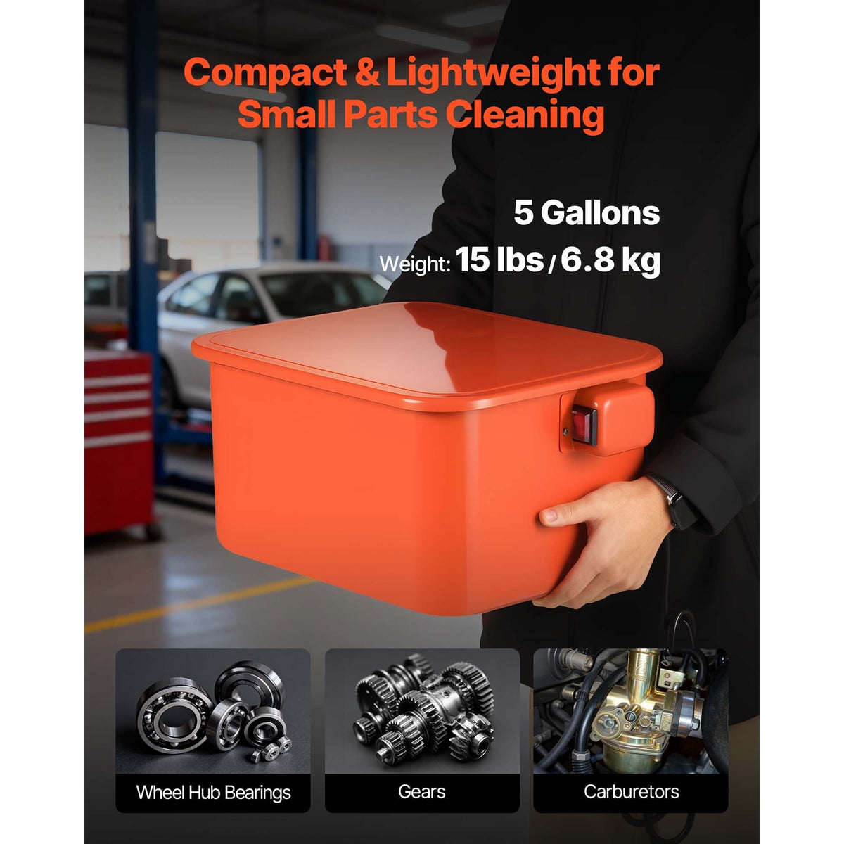 Parts Washer 5-Gallon, 3.5 Gallon Solvent Capacity, 0.4 Gallon per Minute Max Pump Output, Portable Steel Automotive Parts Cleaner with Electric Pump for Wheel Bearings, Gears, and Carburetors