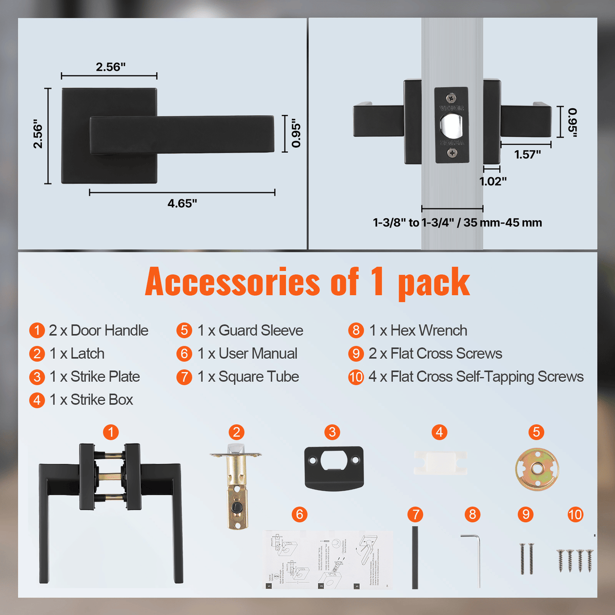 Passage Door Handle, 5 Pack Matte Black Door Lever, Left or Right Handing Reversible Lever Non-Locking, 45° Rotation to Open, Universal Square Interior for Hallways, Closets, Meeting Spaces