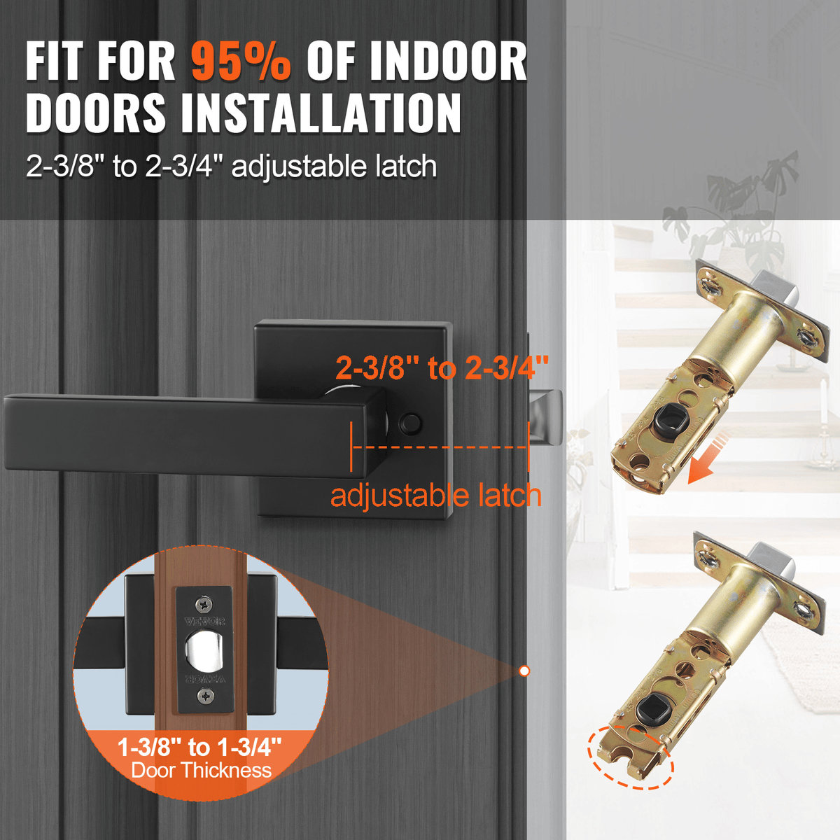 Passage Door Handle, 5 Pack Matte Black Door Lever, Left or Right Handing Reversible Lever Non-Locking, 45° Rotation to Open, Universal Square Interior for Hallways, Closets, Meeting Spaces