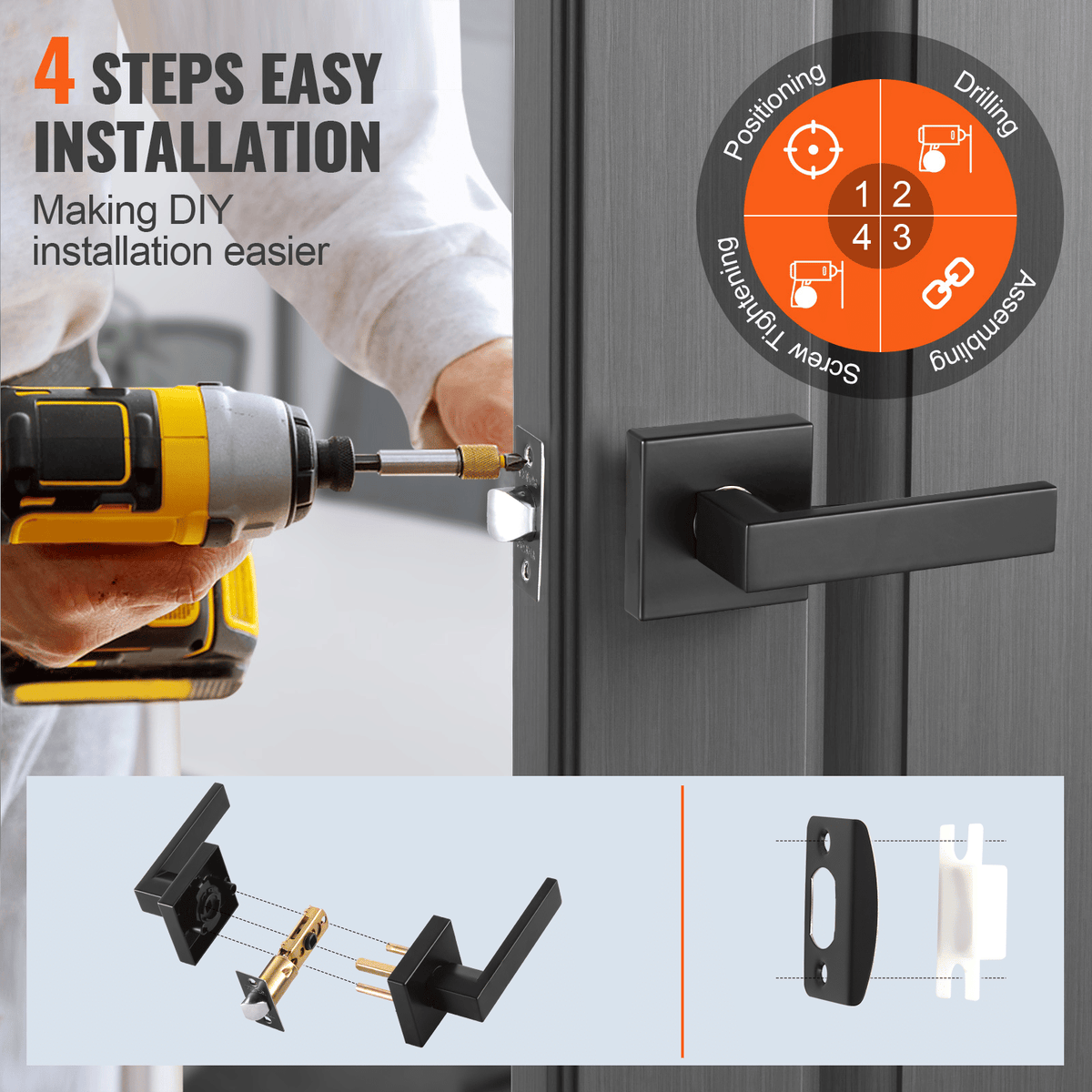 Passage Door Handle, 5 Pack Matte Black Door Lever, Left or Right Handing Reversible Lever Non-Locking, 45° Rotation to Open, Universal Square Interior for Hallways, Closets, Meeting Spaces