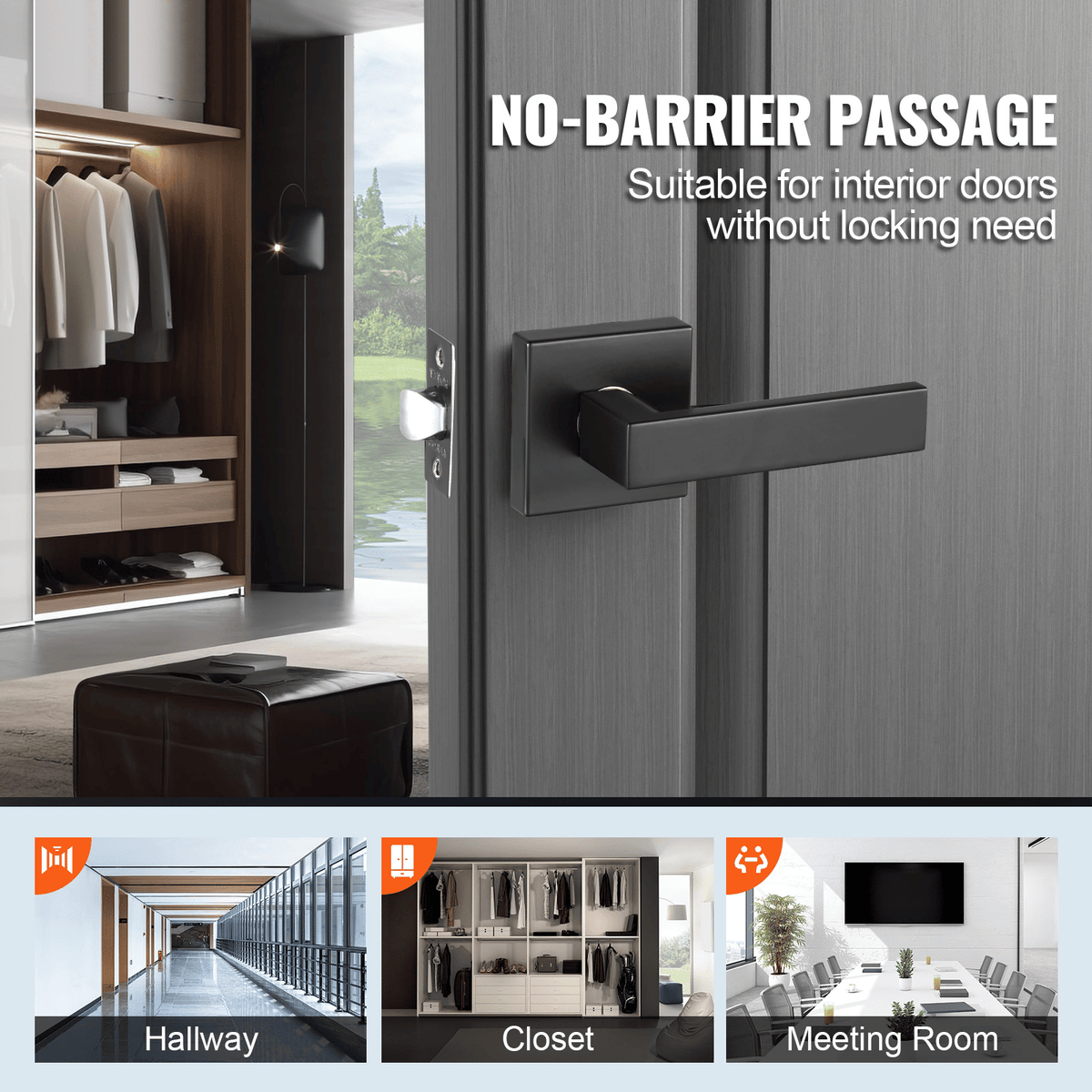 Passage Door Handle, 5 Pack Matte Black Door Lever, Left or Right Handing Reversible Lever Non-Locking, 45° Rotation to Open, Universal Square Interior for Hallways, Closets, Meeting Spaces