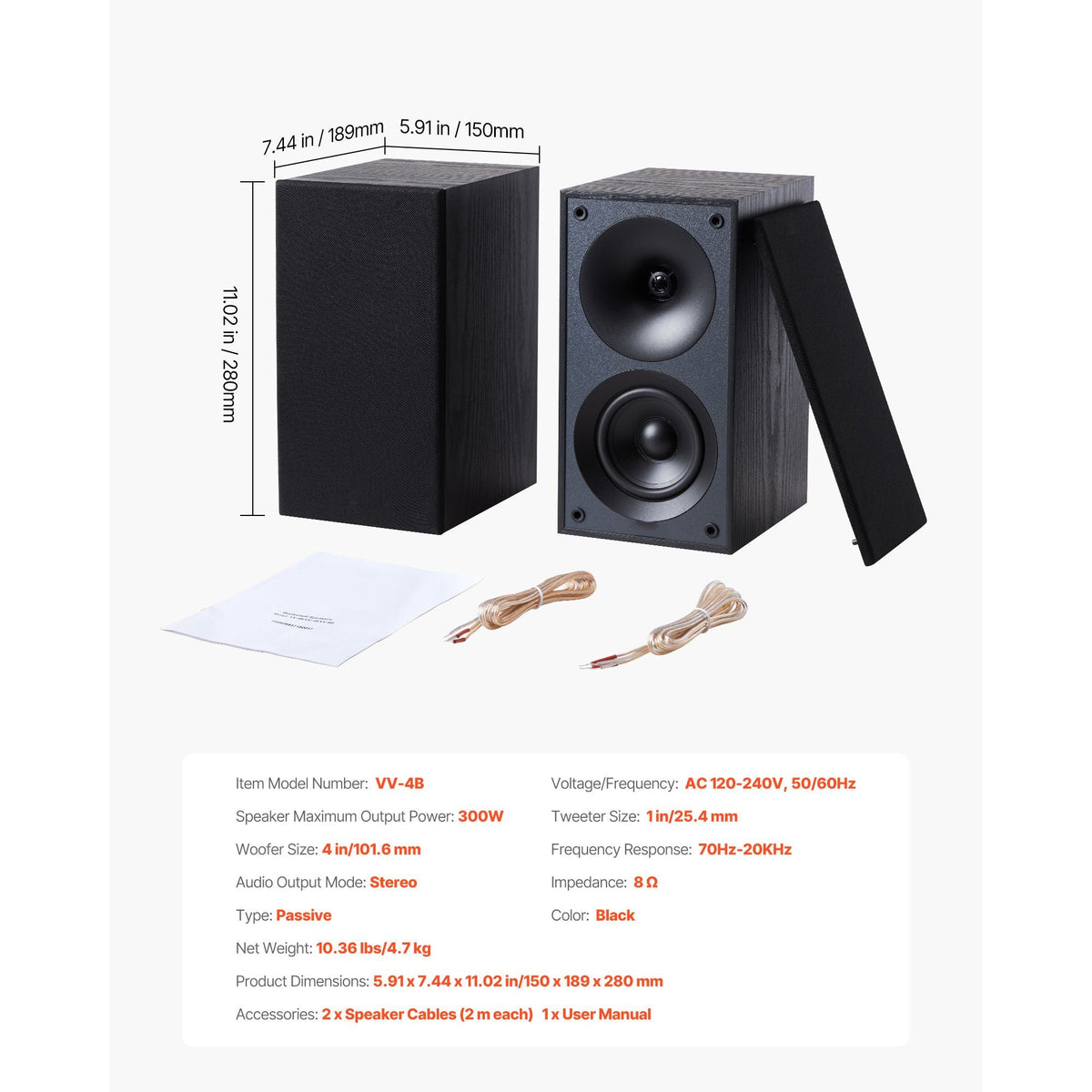 Passive Bookshelf Speaker, 300W, Book Shelf Stereo Speakers with 4-Inch Woofer and 1-Inch Tweeter, Detachable Grille, 70Hz-20KHz Frequency Response, Wooden Enclosure, for Home Theater (1 Pair)