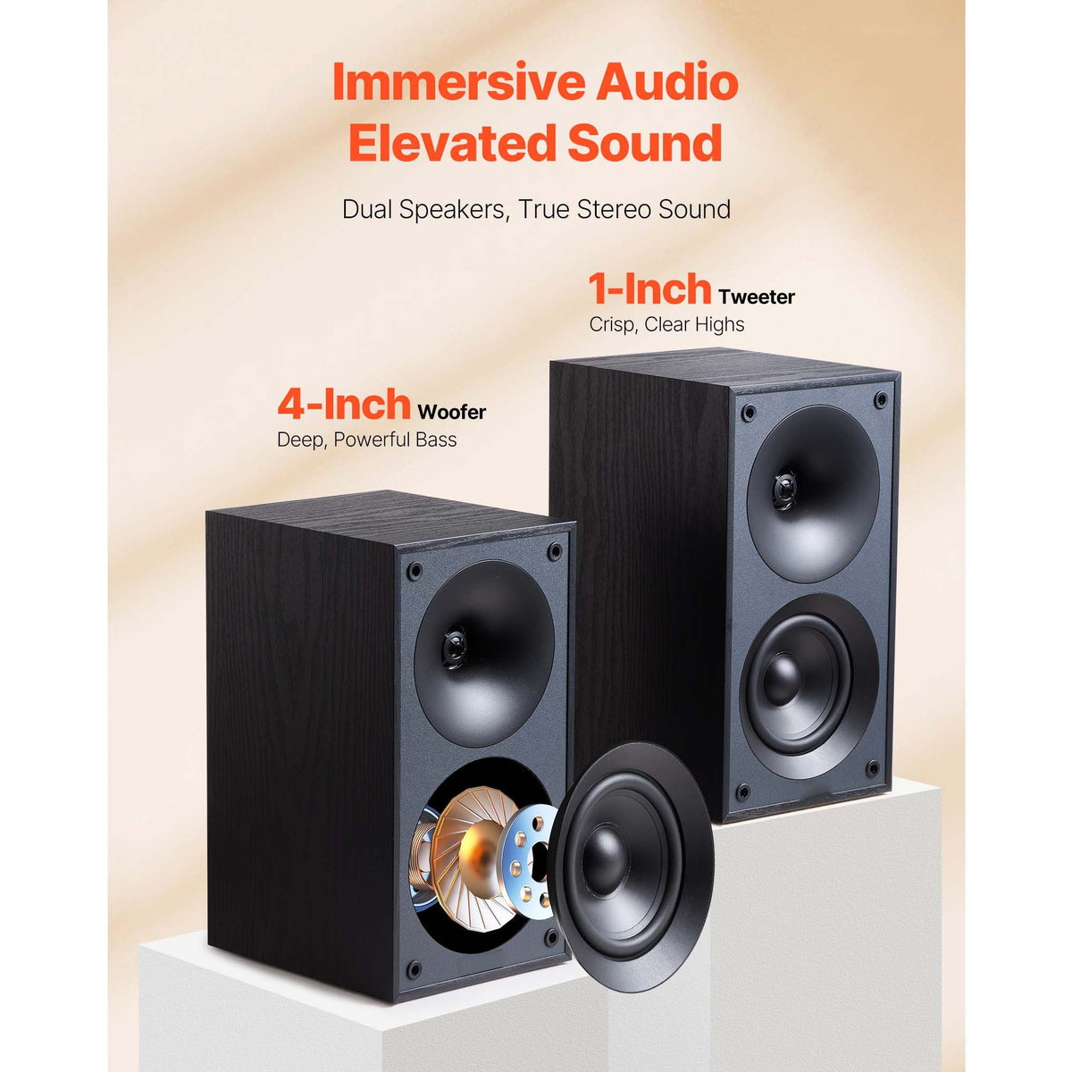 Passive Bookshelf Speaker, 300W, Book Shelf Stereo Speakers with 4-Inch Woofer and 1-Inch Tweeter, Detachable Grille, 70Hz-20KHz Frequency Response, Wooden Enclosure, for Home Theater (1 Pair)