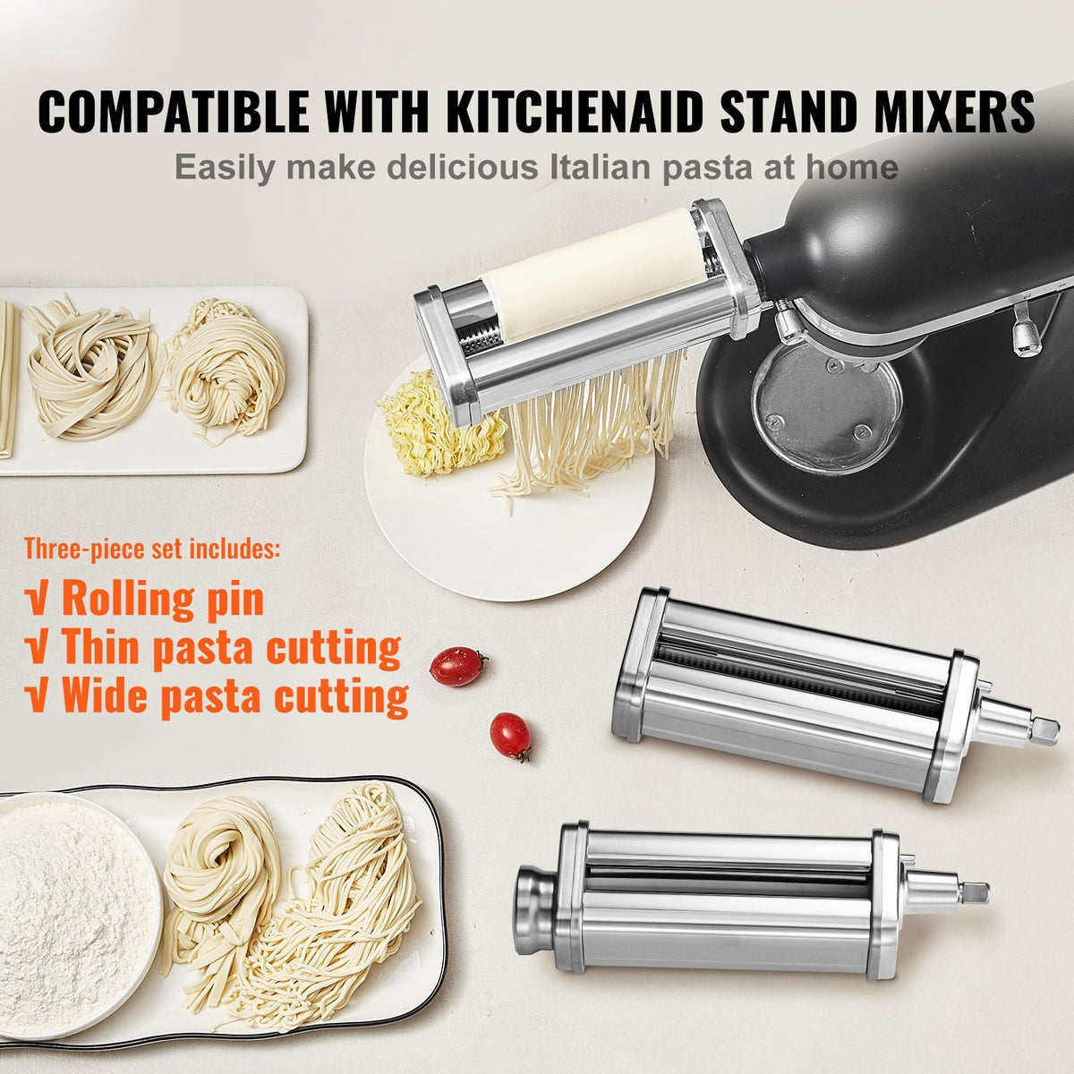 Pasta Attachment for KitchenAid Stand Mixer, Stainless Steel Pasta Roller Cutter Set Including Pasta Sheet Roller, Spaghetti and Fettuccine Cutter, 8 Adjustable Thickness Knob Pasta Maker, 3Pcs