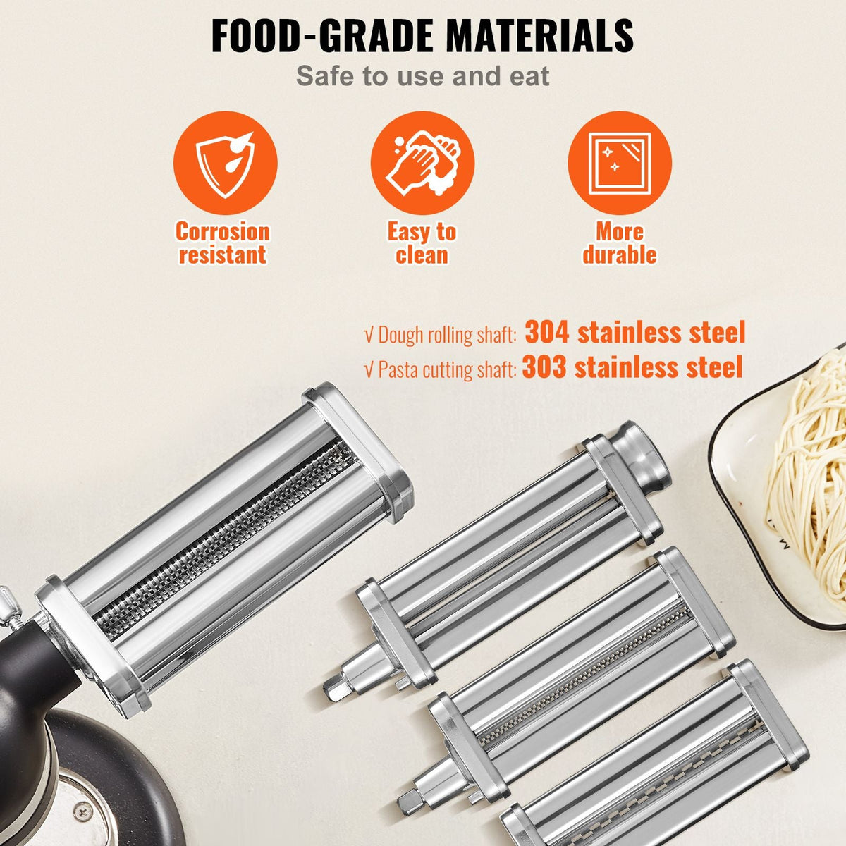 Pasta Attachment for KitchenAid Stand Mixer, Stainless Steel Pasta Roller Cutter Set Including Pasta Sheet Roller, Spaghetti and Fettuccine Cutter, 8 Adjustable Thickness Knob Pasta Maker, 3Pcs
