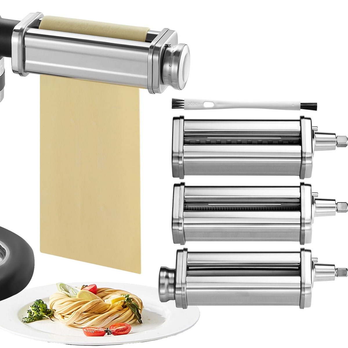 Pasta Attachment for KitchenAid Stand Mixer, Stainless Steel Pasta Roller Cutter Set Including Pasta Sheet Roller, Spaghetti and Fettuccine Cutter, 8 Adjustable Thickness Knob Pasta Maker, 3Pcs