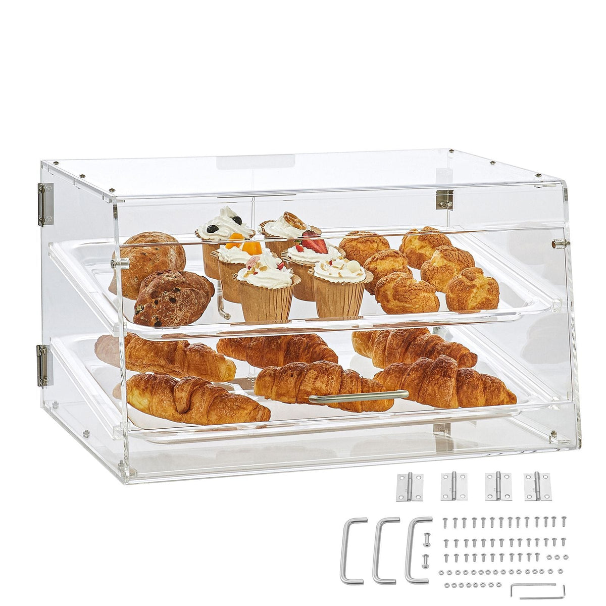 Pastry Display Case, 2-Tier Commercial Countertop Bakery Display Case, Acrylic Display Box with Rear Door Access & Removable Shelves, Keep Fresh for Donut Bagels Cake Cookie, 20.7"x13.2"x11.9"