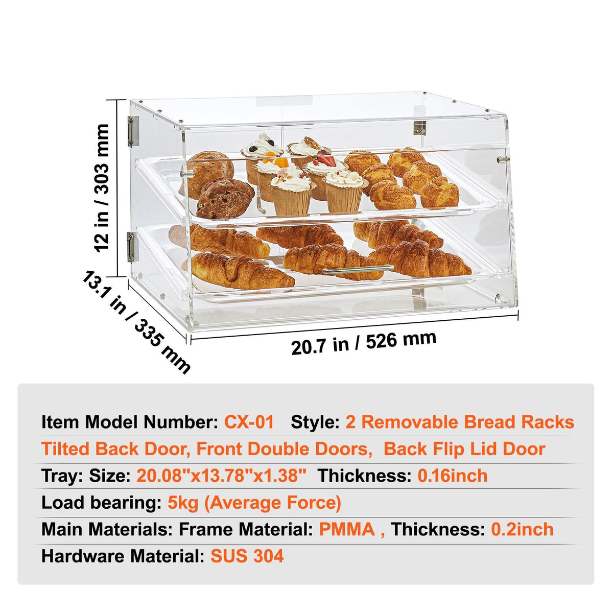 Pastry Display Case, 2-Tier Commercial Countertop Bakery Display Case, Acrylic Display Box with Rear Door Access & Removable Shelves, Keep Fresh for Donut Bagels Cake Cookie, 20.7"x13.2"x11.9"
