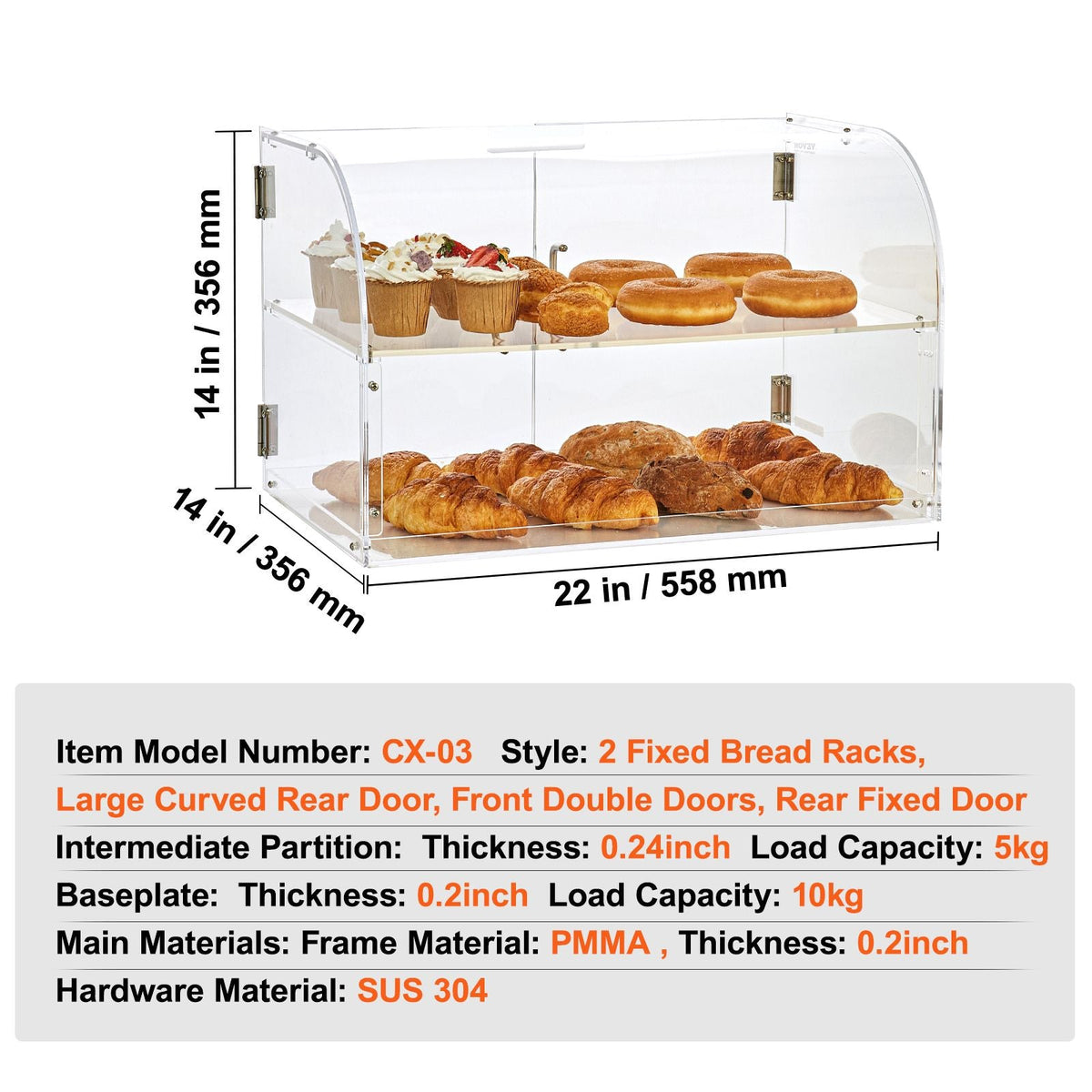 Pastry Display Case, 2-Tier Commercial Countertop Bakery Display Case, Acrylic Display Box with Rear Door Access & Removable Shelves, Keep Fresh for Donut Bagels Cake Cookie, 22"x14"x14"
