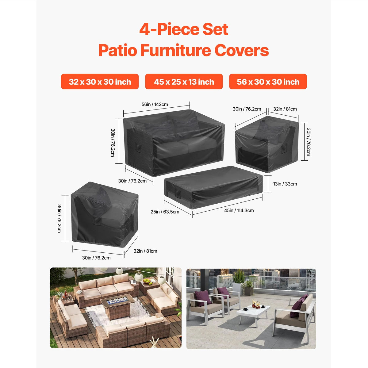 Patio Furniture Cover 4-Piece Set, 420D Heavy Duty Waterproof Outdoor Dining Table and Chairs Cover Set, Lawn Patio Furniture Covers for Outdoor Sofa, Couch, Chairs, Coffee Table, Black