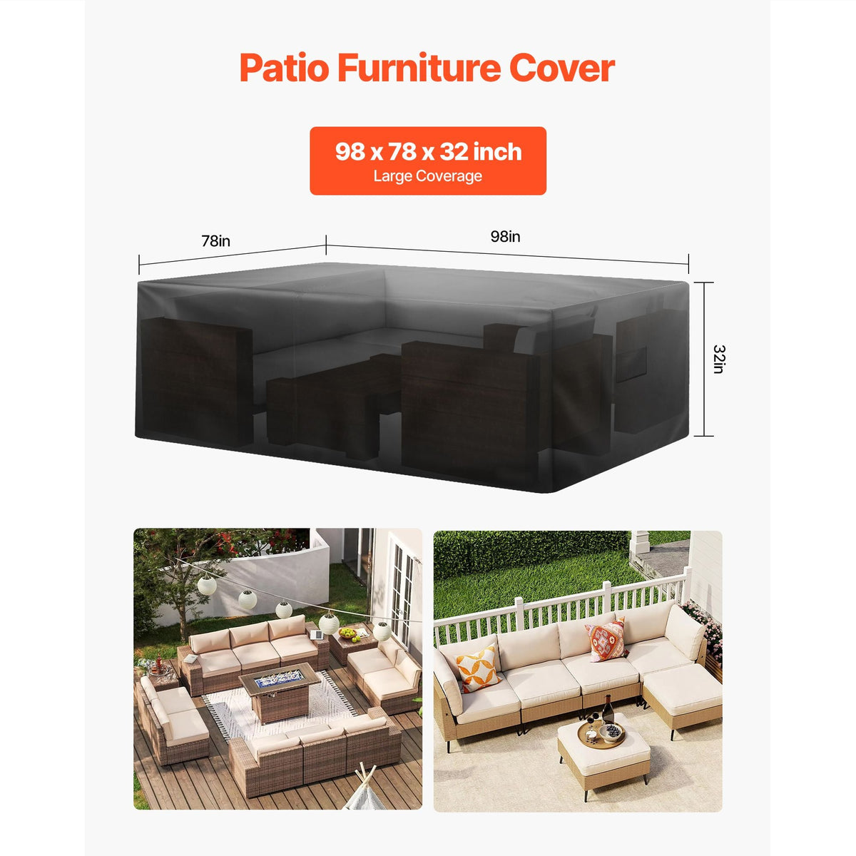 Patio Furniture Cover, 420D Heavy Duty Waterproof Outdoor Dining Table and Chairs Cover, Large Rectangular Patio Table Covers with Air Vent for All Weather, 98L x 78W x 32H inch, Black