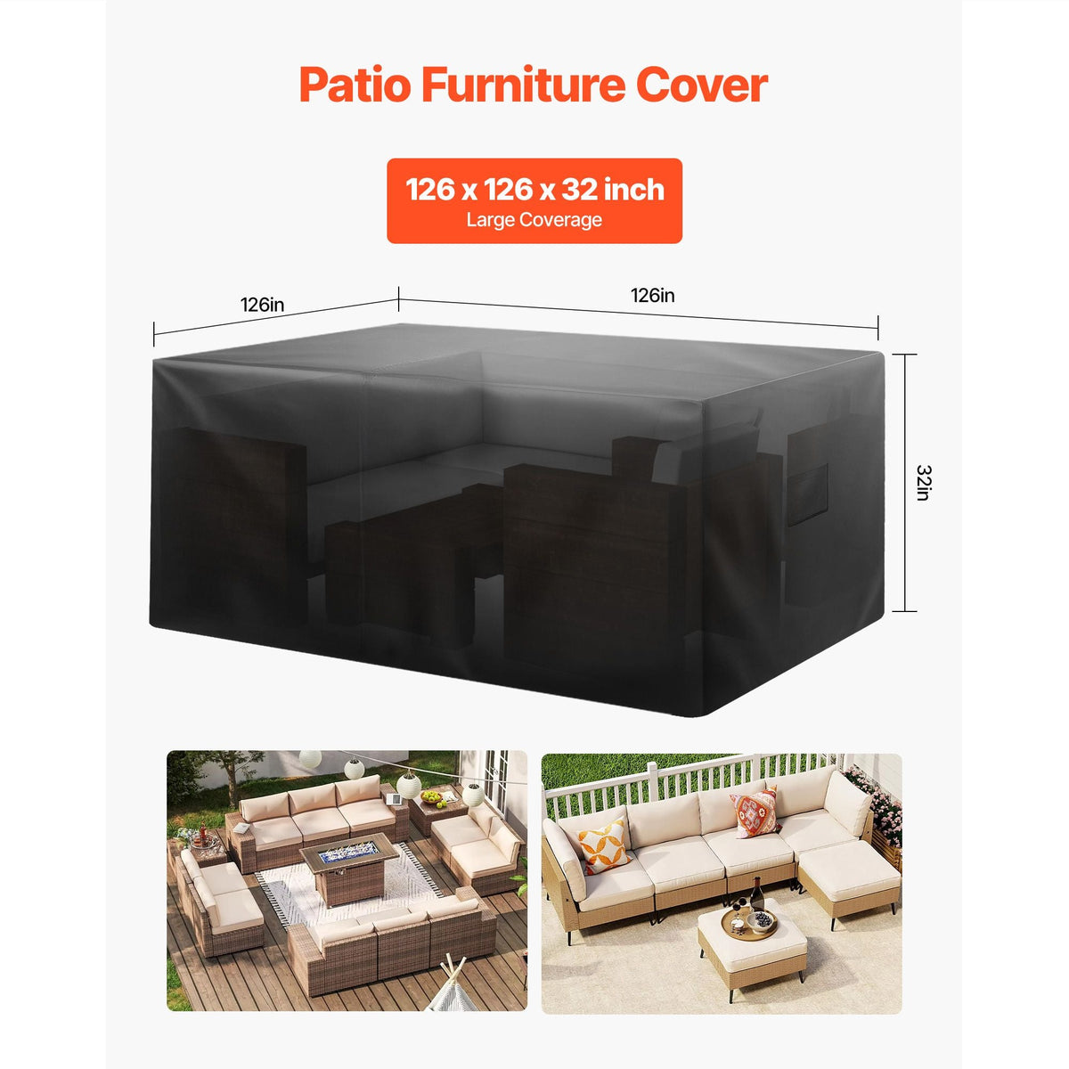 Patio Furniture Cover, 420D Heavy Duty Waterproof Outdoor Dining Table and Chairs Cover, Large Squre Patio Table Covers with Air Vent for All Weather, 126L x 126W x 32H inch, Black