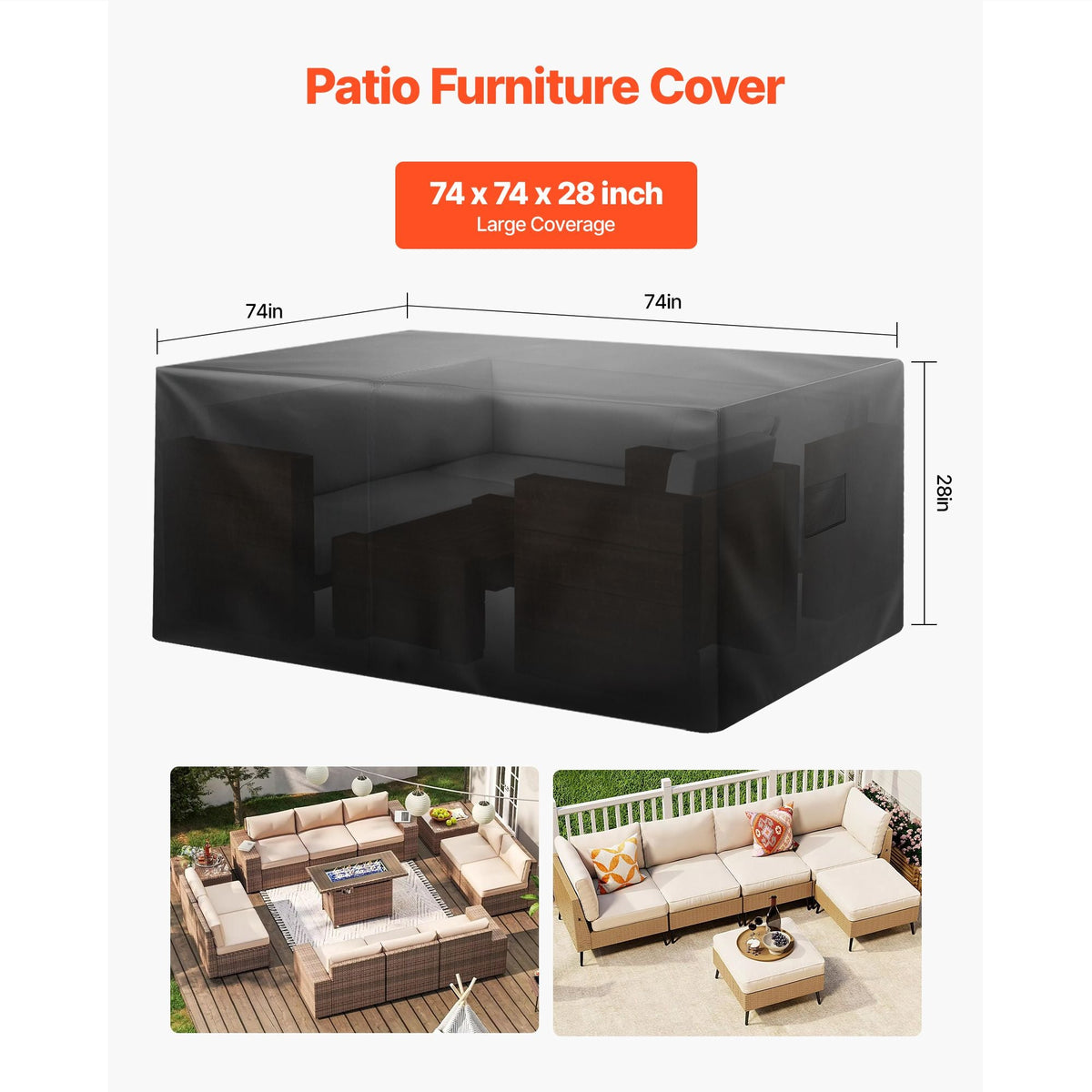 Patio Furniture Cover, 420D Heavy Duty Waterproof Outdoor Dining Table and Chairs Cover, Large Squre Patio Table Covers with Air Vent for All Weather, 74L x 74W x 28H inch, Black