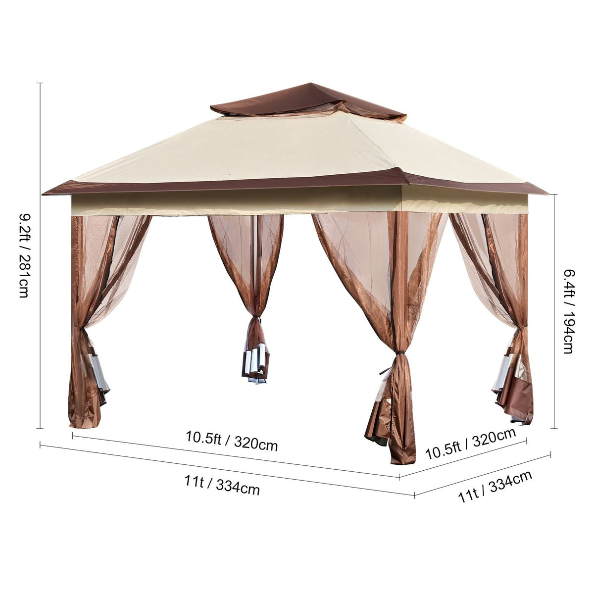 Patio Gazebo, 11 x 11 FT Pop up Gazebo for 8-10 Person, with Mosquito Netting, Metal Frame, and PU Coated 250D Oxford Cloth, Outdoor Canopy Shelter for Patio, Backyard, Lawn, Garden, Deck
