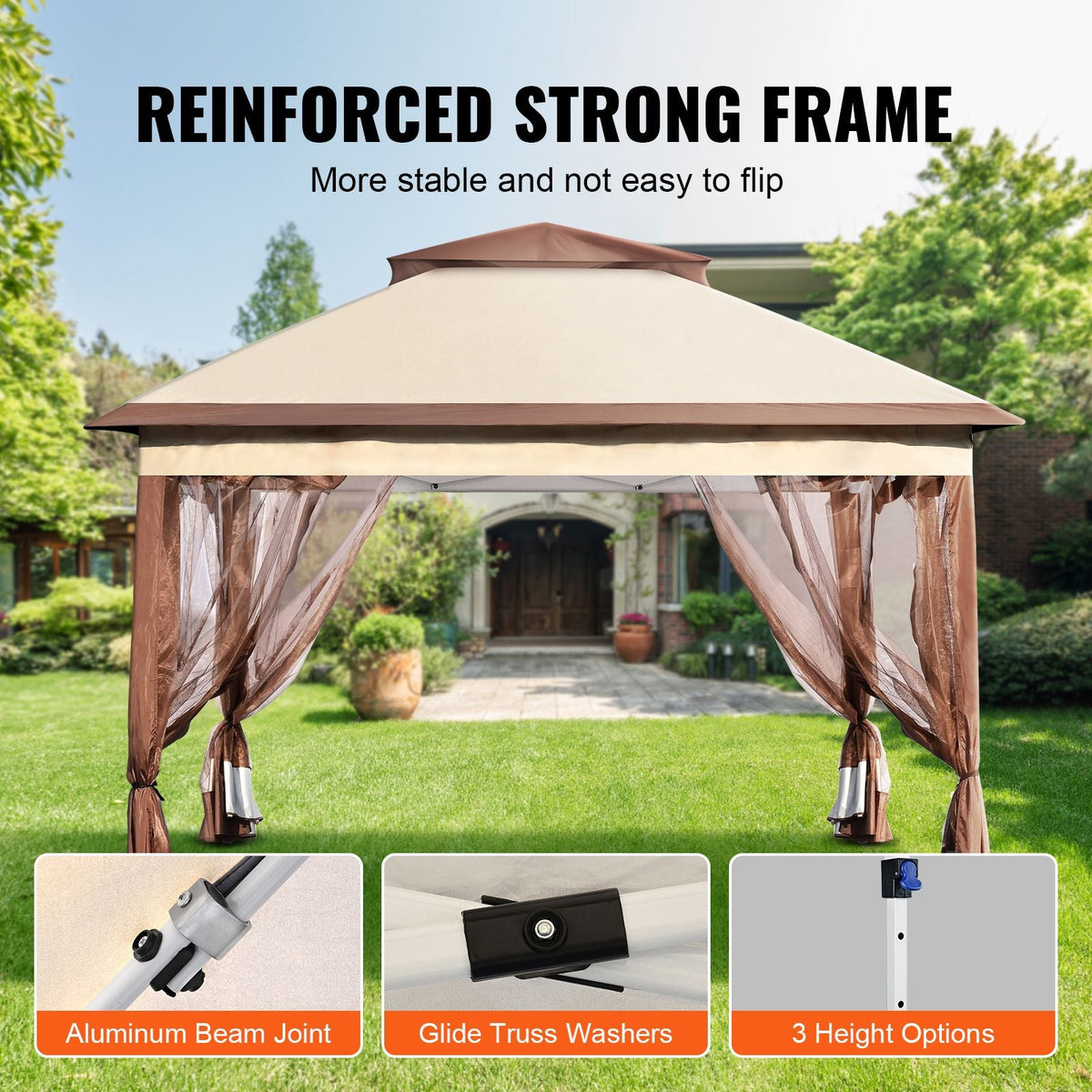 Patio Gazebo, 11 x 11 FT Pop up Gazebo for 8-10 Person, with Mosquito Netting, Metal Frame, and PU Coated 250D Oxford Cloth, Outdoor Canopy Shelter for Patio, Backyard, Lawn, Garden, Deck