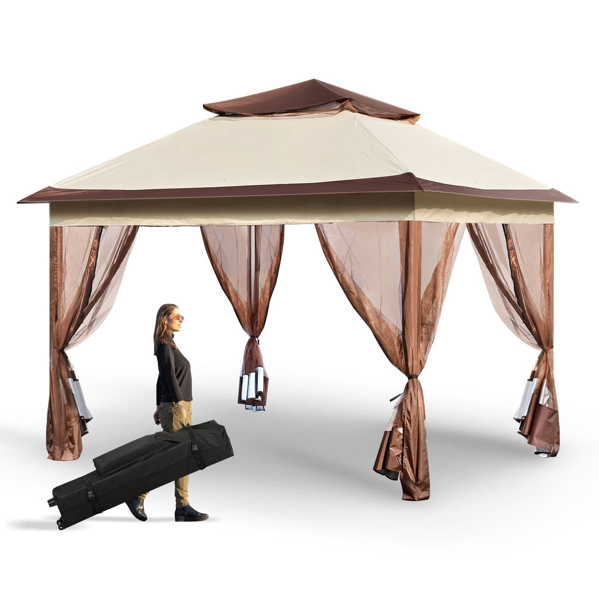 Patio Gazebo, 11 x 11 FT Pop up Gazebo for 8-10 Person, with Mosquito Netting, Metal Frame, and PU Coated 250D Oxford Cloth, Outdoor Canopy Shelter for Patio, Backyard, Lawn, Garden, Deck