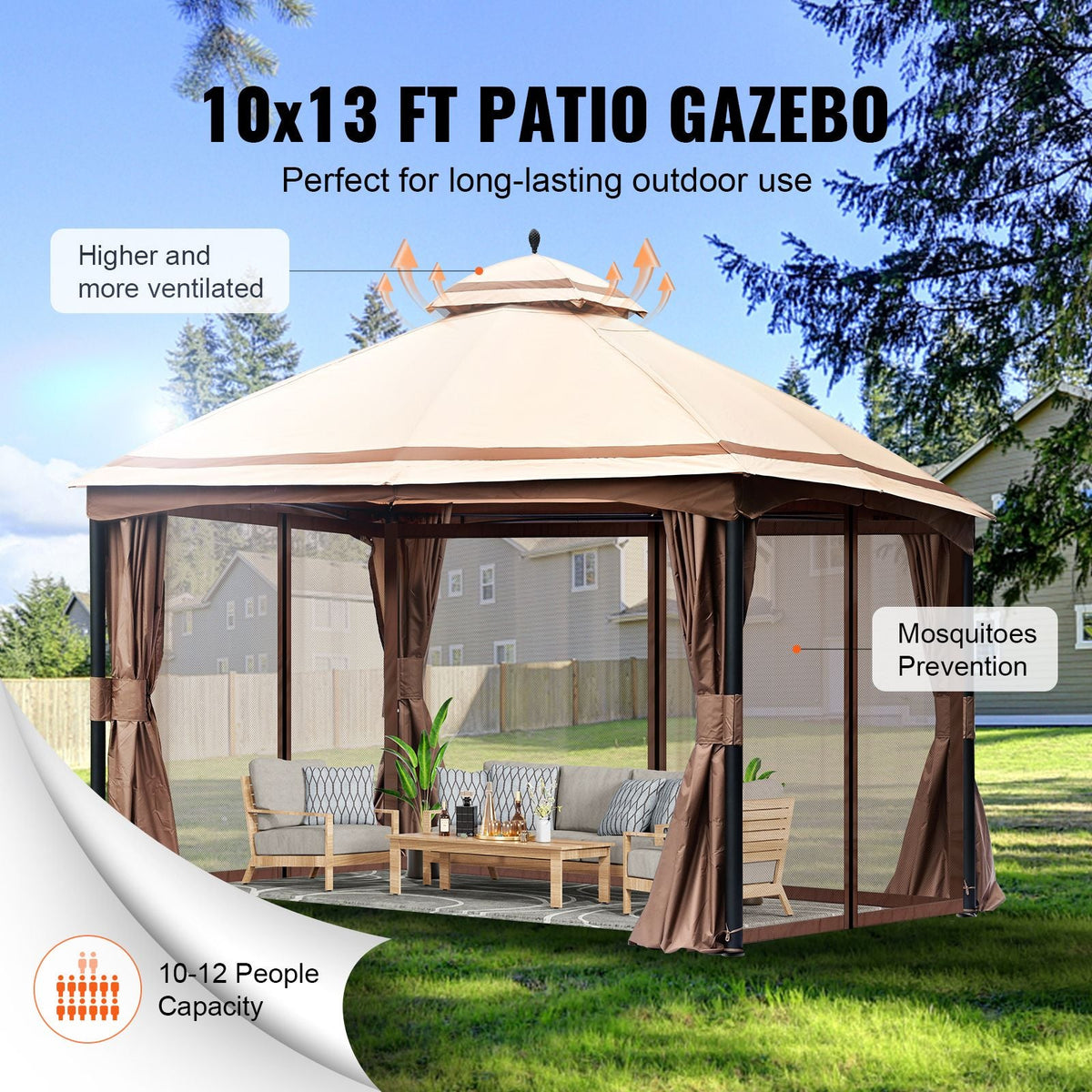 Patio Gazebo for 10-12 Person, 10 x 13 FT Backyard Gazebo, with Mosquito Netting, Metal Frame, and PU Coated 180G Polyester, Outdoor Canopy Shelter for Patio, Backyard, Lawn, Garden, Deck