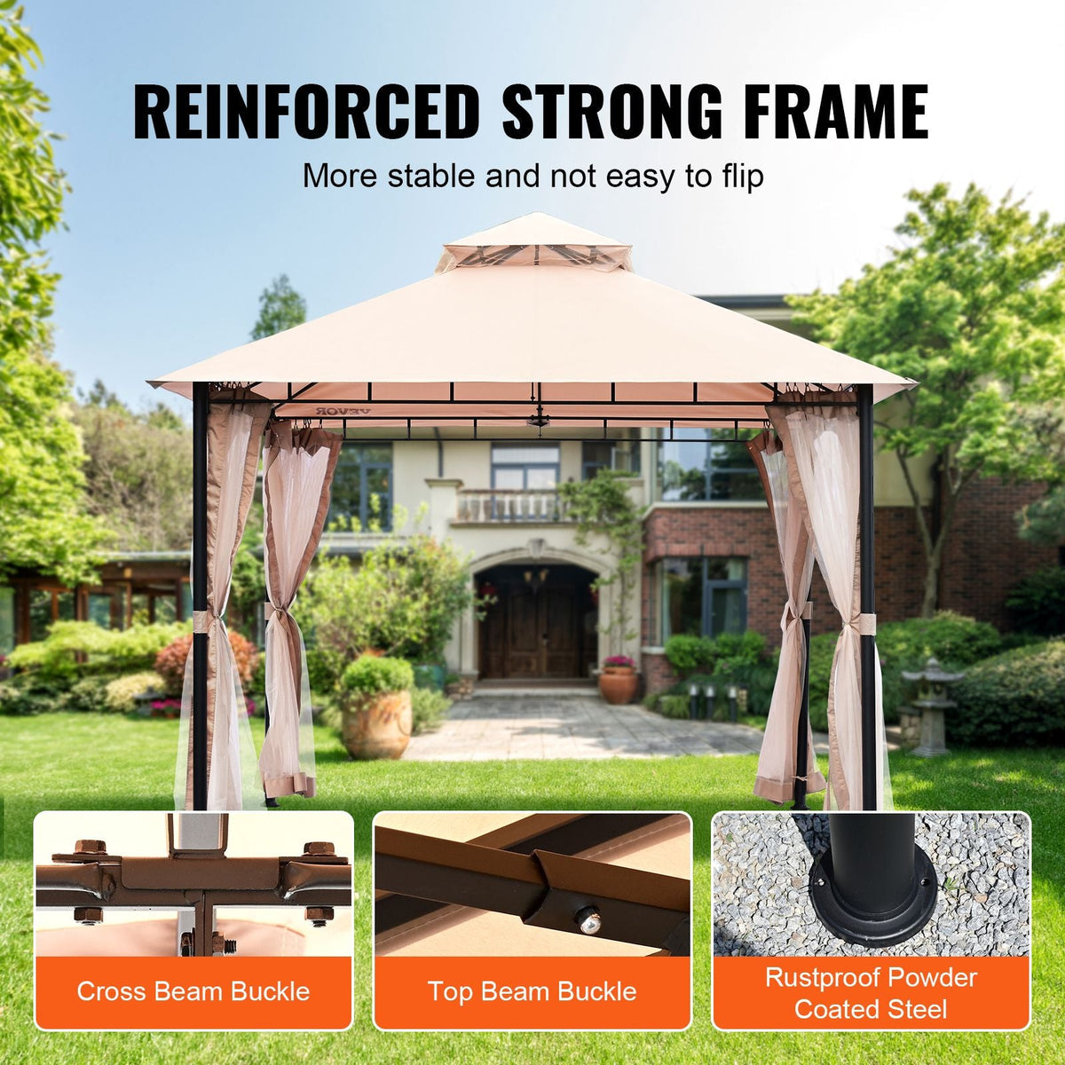 Patio Gazebo for 6-8 Person, 10 x 10 FT Backyard Gazebo, with Mosquito Netting, Metal Frame, and PU Coated 180G Polyester, Outdoor Canopy Shelter for Patio, Backyard, Lawn, Garden, Deck