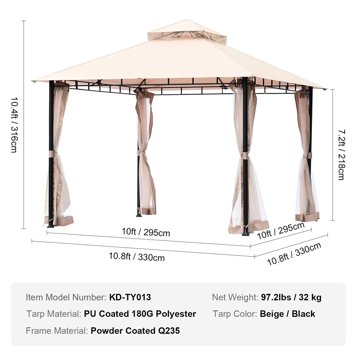 Patio Gazebo for 6-8 Person, 10 x 10 FT Backyard Gazebo, with Mosquito Netting, Metal Frame, and PU Coated 180G Polyester, Outdoor Canopy Shelter for Patio, Backyard, Lawn, Garden, Deck