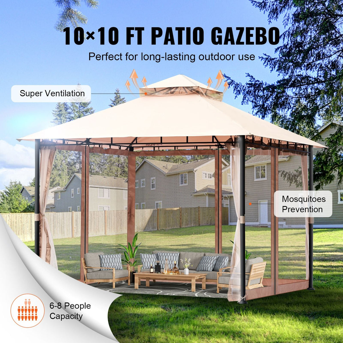 Patio Gazebo for 6-8 Person, 10 x 10 FT Backyard Gazebo, with Mosquito Netting, Metal Frame, and PU Coated 180G Polyester, Outdoor Canopy Shelter for Patio, Backyard, Lawn, Garden, Deck